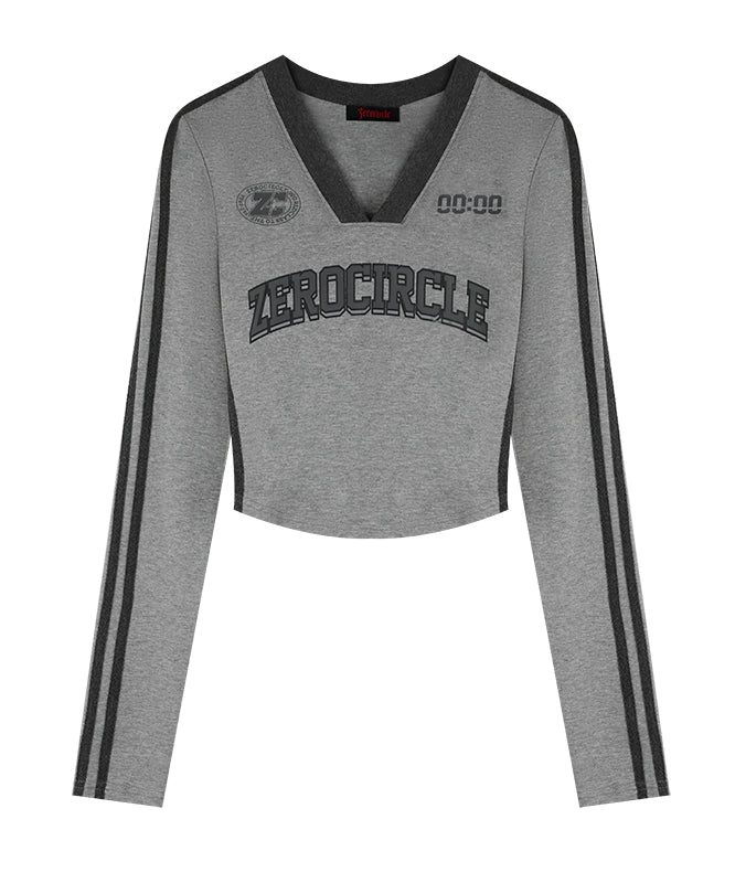 野生zerocircle灰黑色v领长袖t恤女春夏美式复古修身显瘦短款上衣