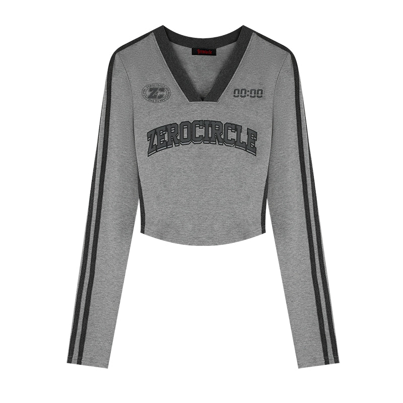 野生zerocircle灰黑色v领长袖t恤女春夏美式复古修身显瘦短款上衣