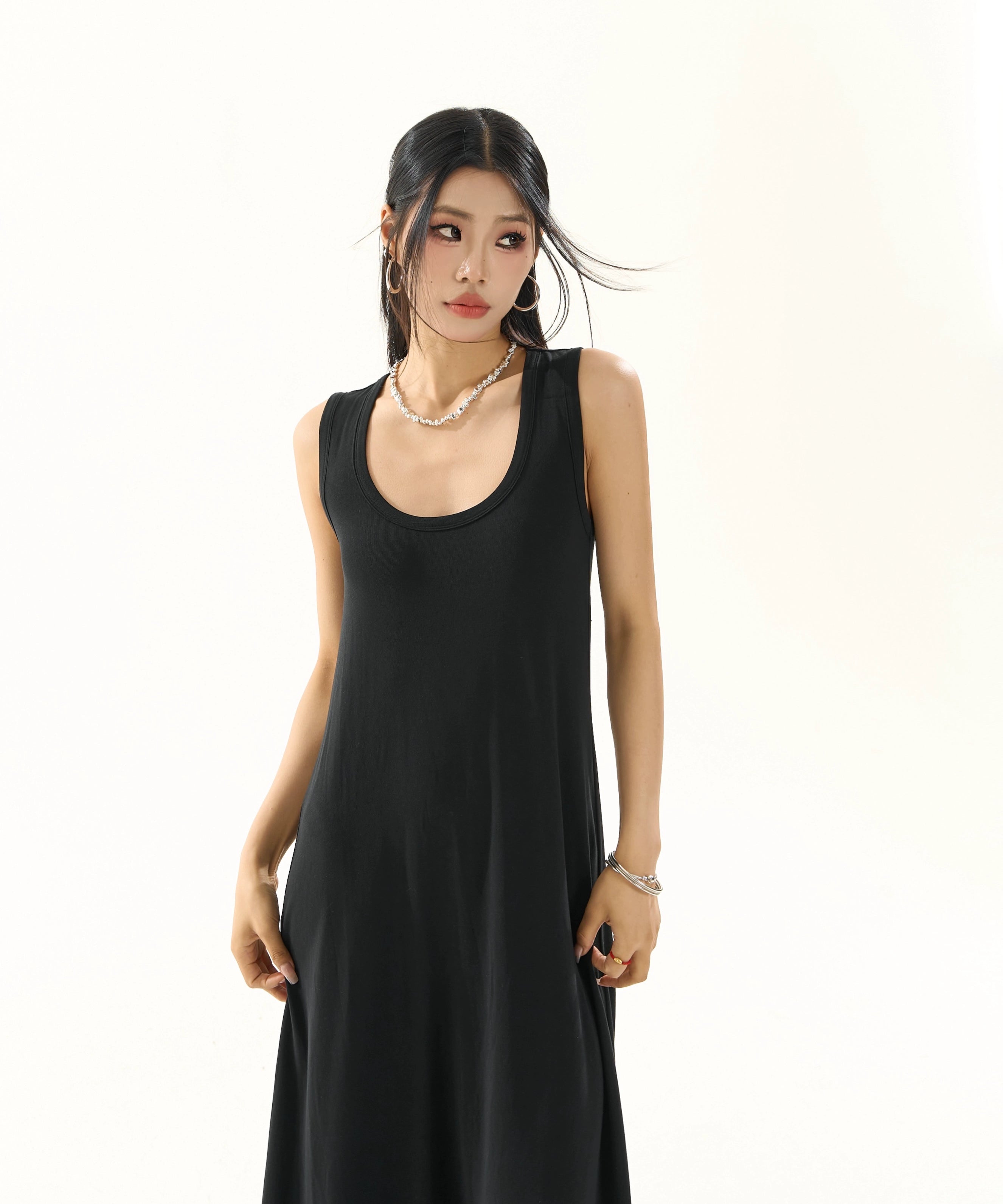 野生zero黑灰色镂空无袖连衣裙女夏季小众设计宽松显瘦背心长裙子