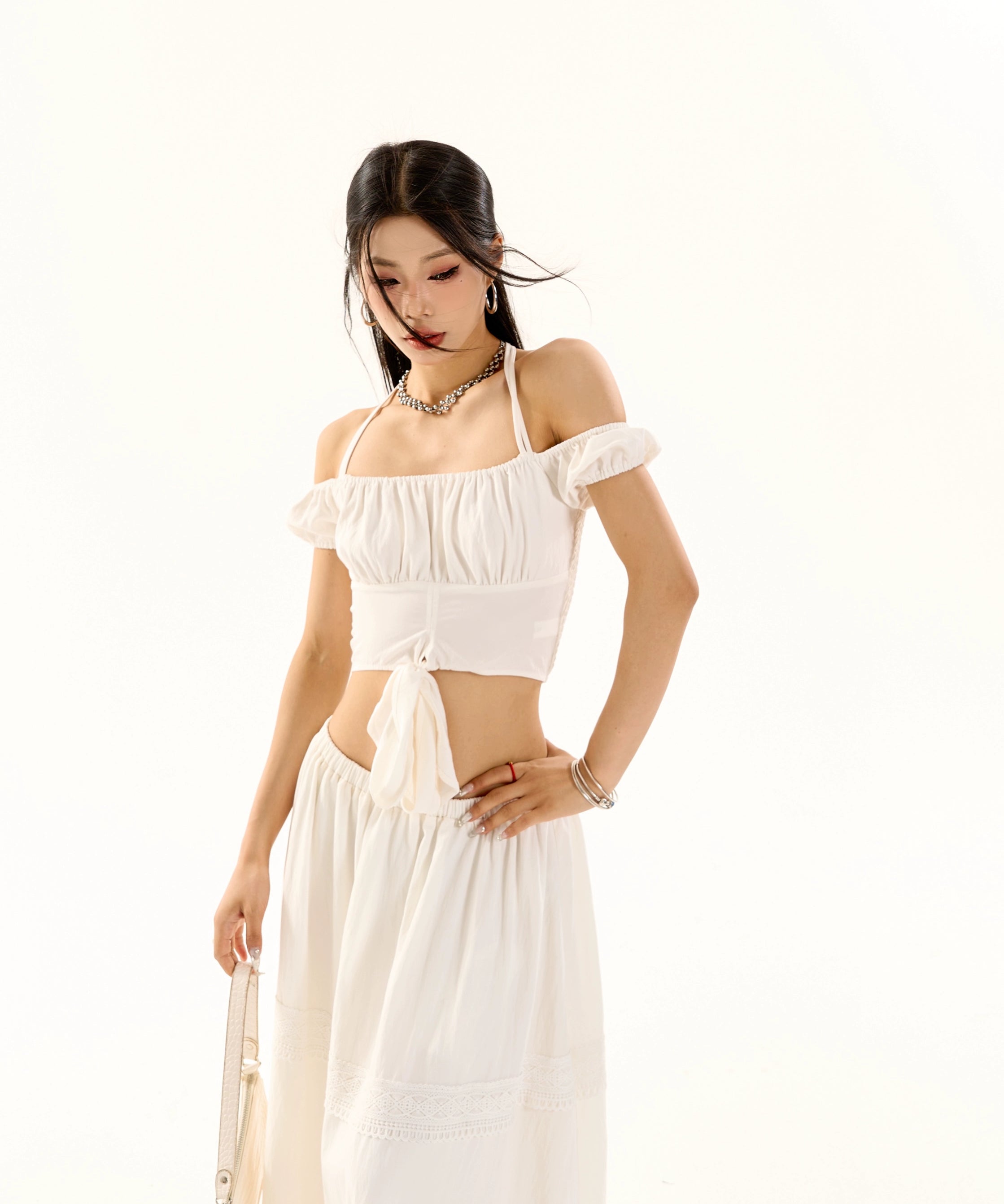 野生zero 辣妹套装裙女夏一字肩泡泡袖挂脖短款小衫上衣a字长裙子