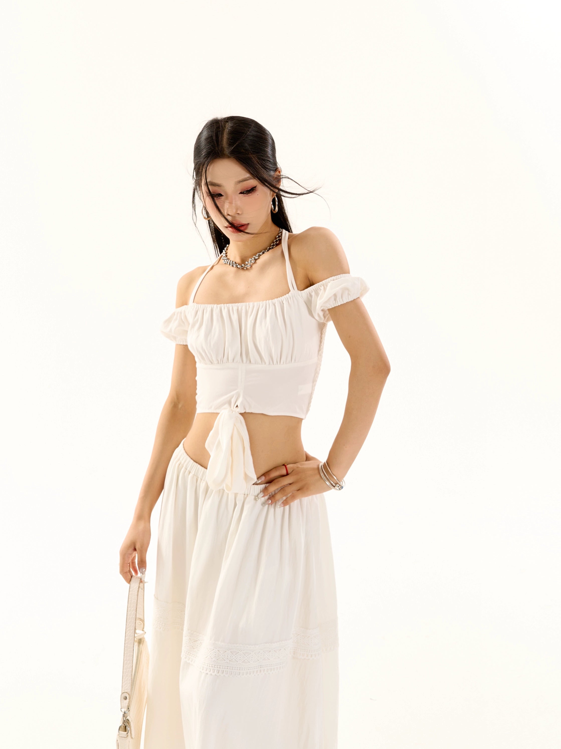 野生zero 辣妹套装裙女夏一字肩泡泡袖挂脖短款小衫上衣a字长裙子