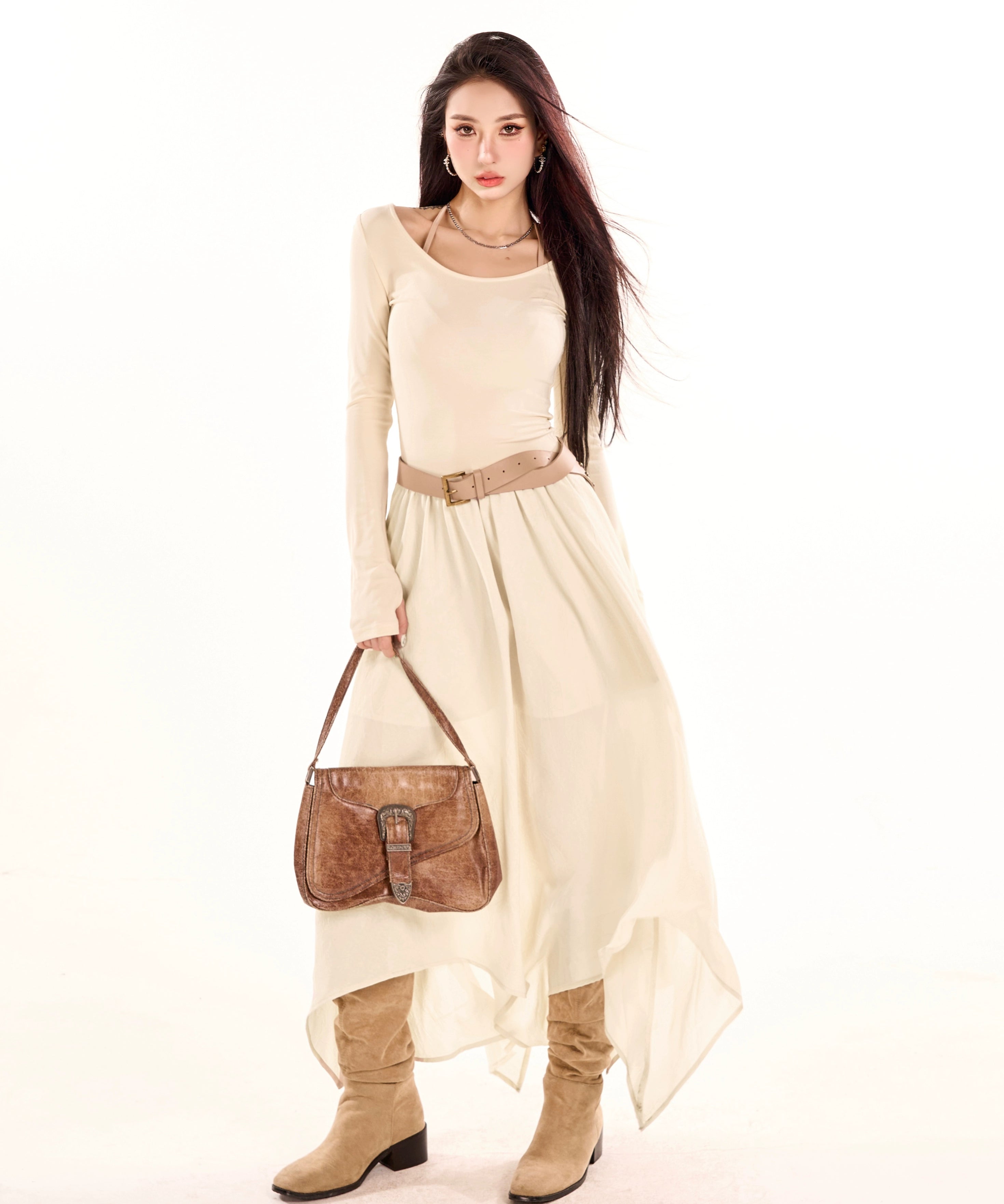 野生zerocircle 黑杏色a字长袖连衣裙女春秋辣妹显瘦修身收腰裙子