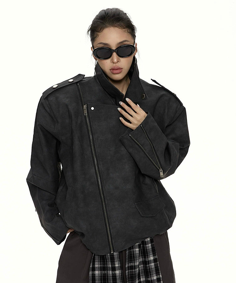 野生zero 美式复古廓形pu皮衣外套女秋冬新款酷飒风机车夹克上衣