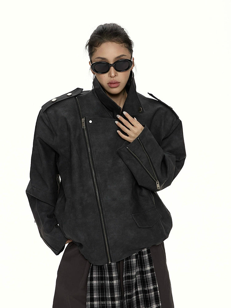 野生zero 美式复古廓形pu皮衣外套女秋冬新款酷飒风机车夹克上衣