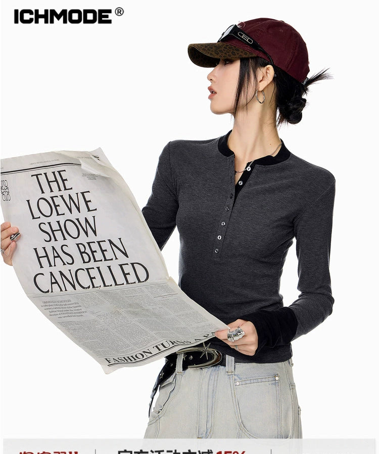 ICH MODE 美式复古假两件长袖T恤女秋冬亨利领一字肩修身打底上衣