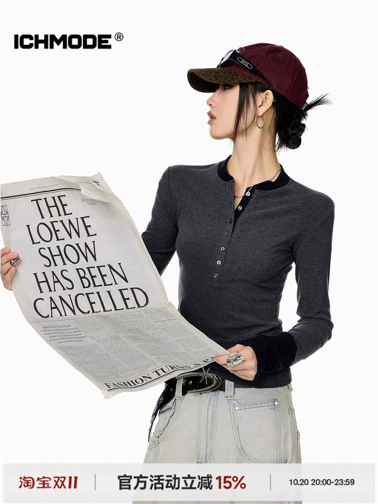 ICH MODE 美式复古假两件长袖T恤女秋冬亨利领一字肩修身打底上衣