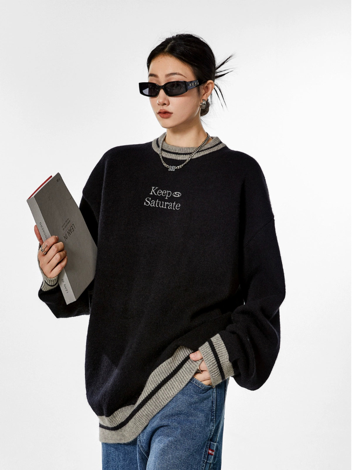 ICH MODE 美式复古圆领毛衣秋冬女宽松针织衫外套慵懒风2025新款