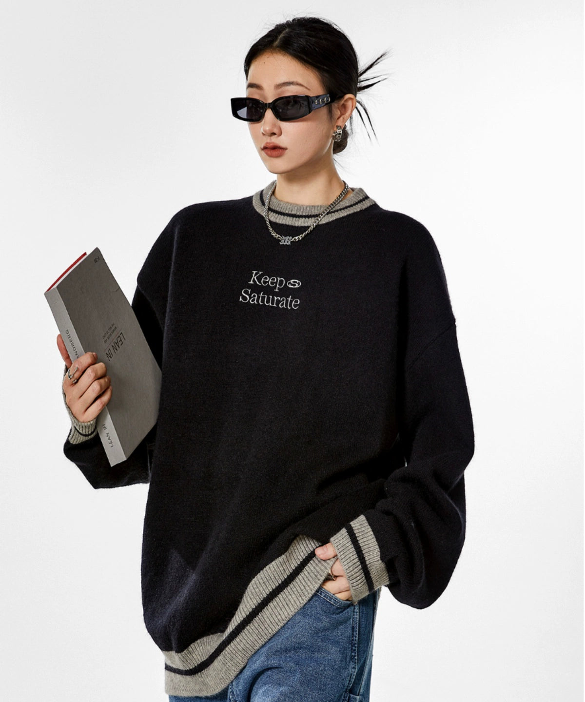 ICH MODE 美式复古圆领毛衣秋冬女宽松针织衫外套慵懒风2025新款