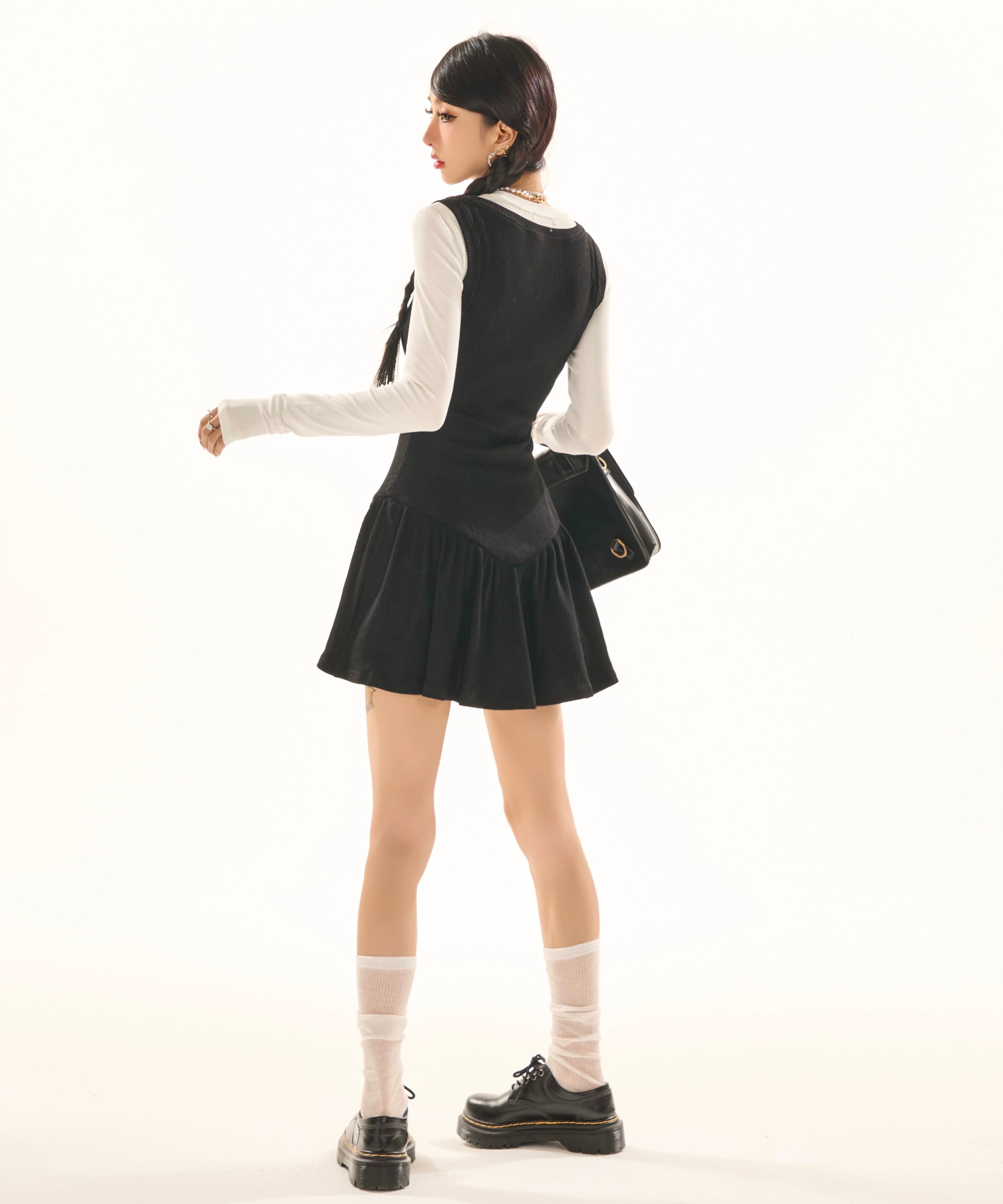 野生zerocircle撞色假两件长袖连衣裙女秋显瘦修身中长款背心裙子