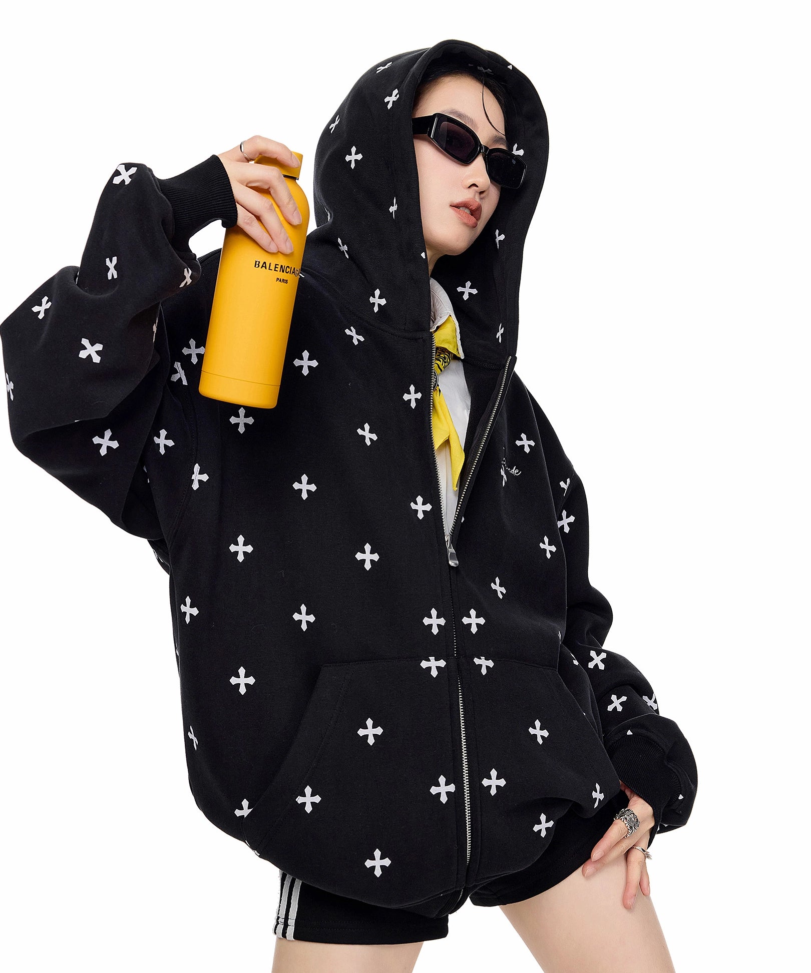 ICH MODE 美式复古满印十字架连帽卫衣外套女秋冬季拉链上衣开衫