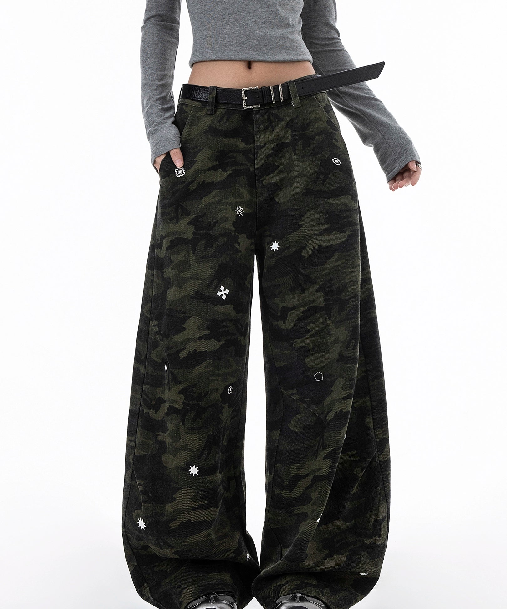 ICH MODE 美式复古星星休闲裤女宽松工装裤迷彩裤直筒阔腿运动裤