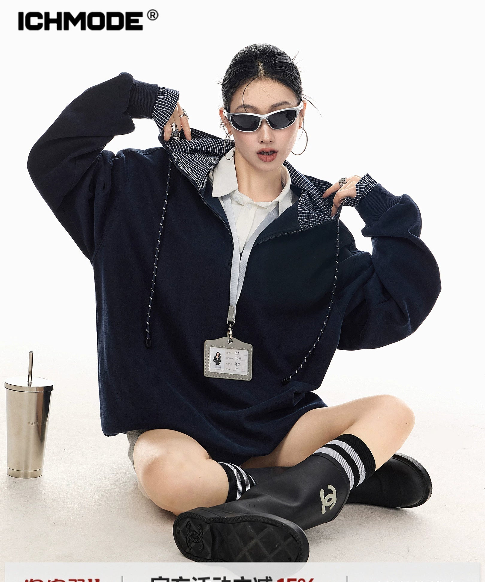 ICH MODE 美式复古格子拼接连帽卫衣女秋冬季半开领运动上衣外套