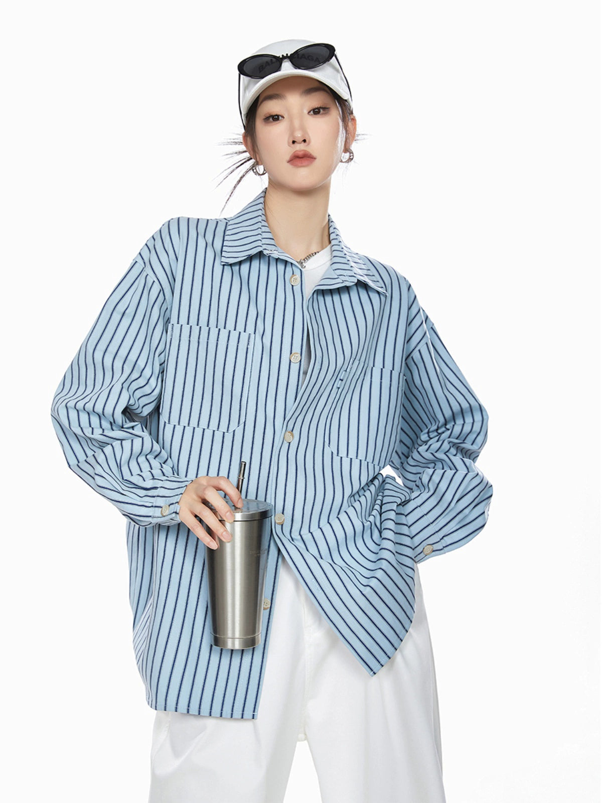 ICH MODE 美式复古条纹衬衫女夏季新款宽松慵懒蓝色衬衣外套上衣