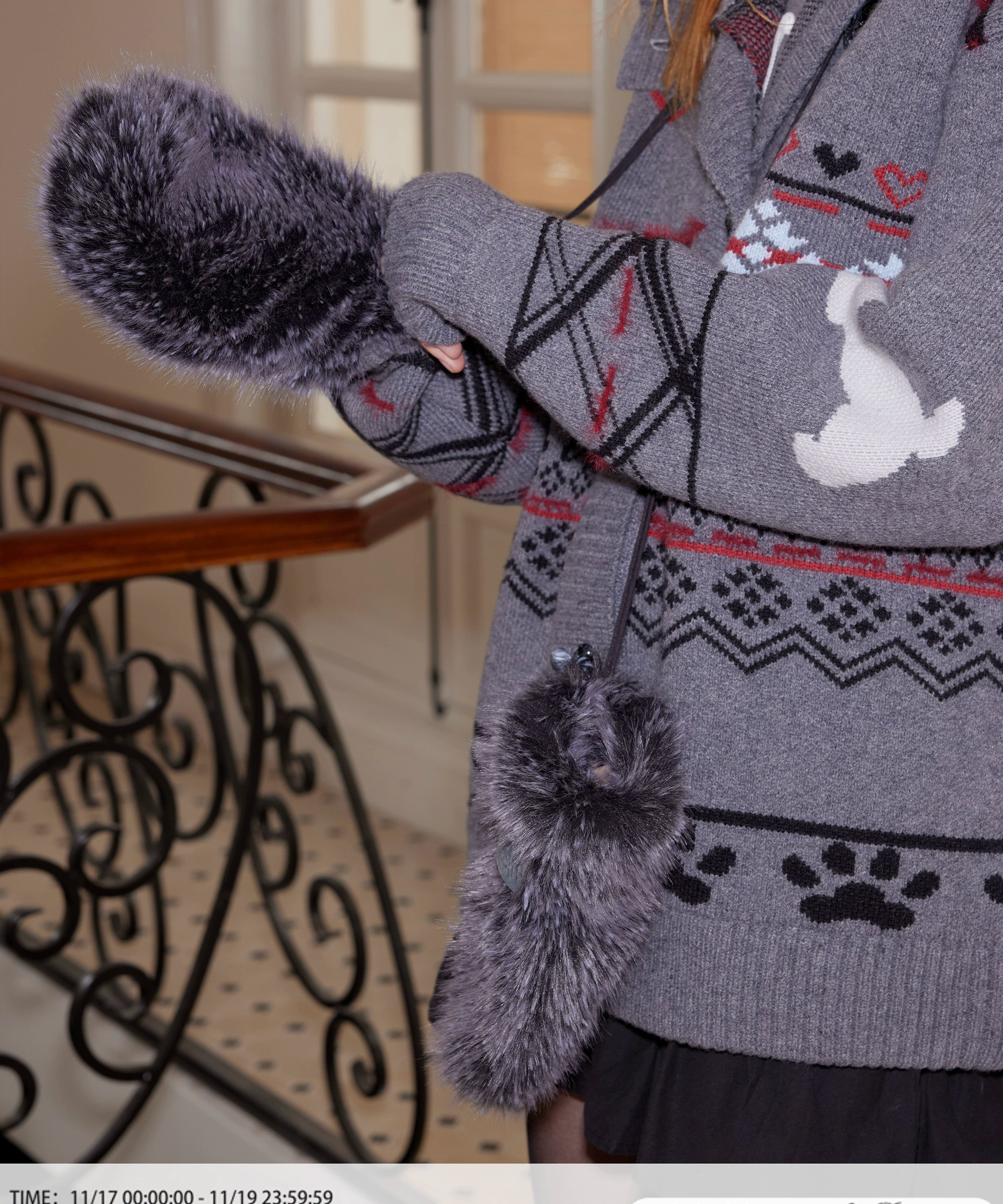 2th Desire绒棉内里加厚保暖长毛毛绒连指手套女弹力挂脖皮草手套