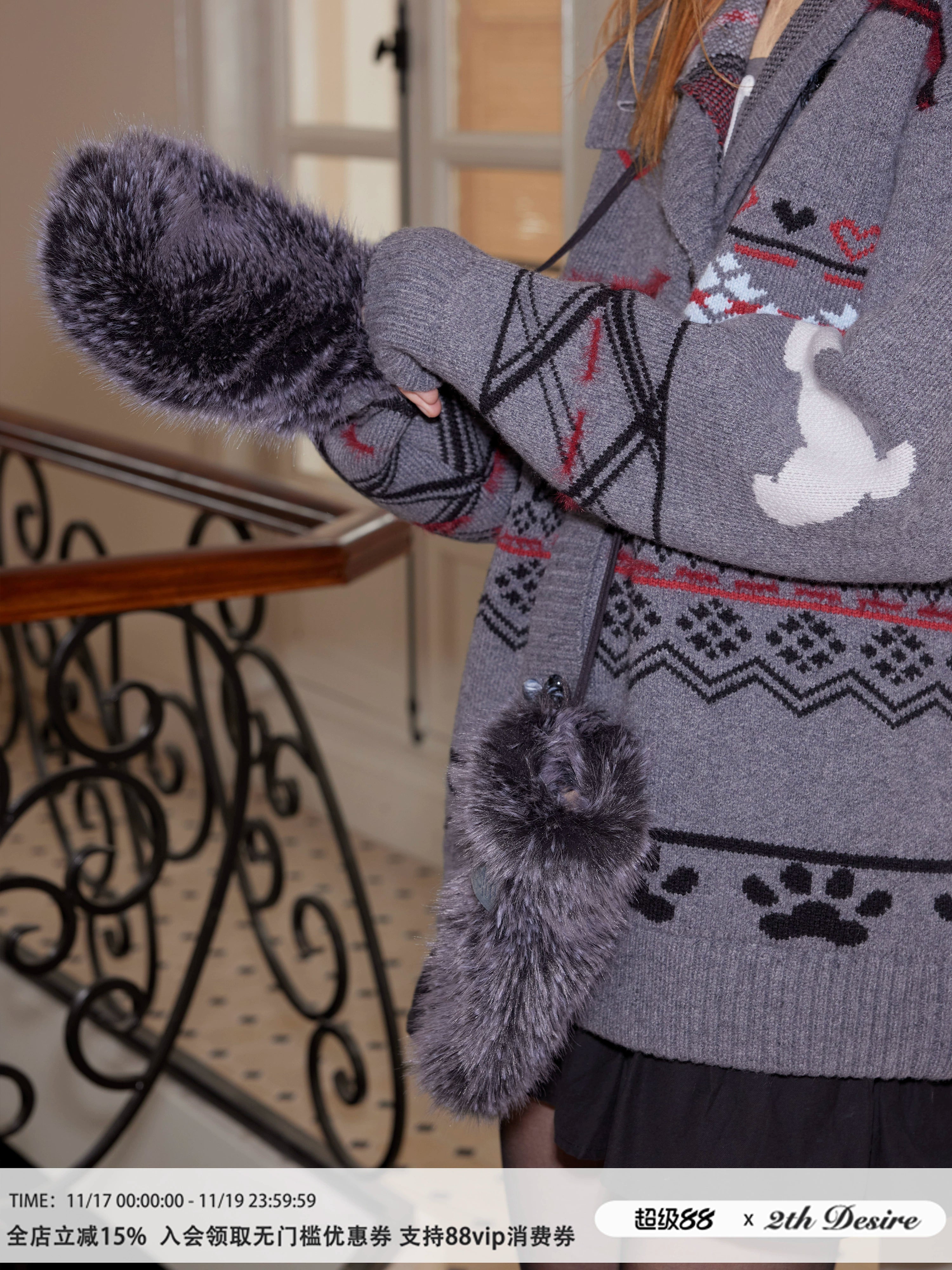 2th Desire绒棉内里加厚保暖长毛毛绒连指手套女弹力挂脖皮草手套