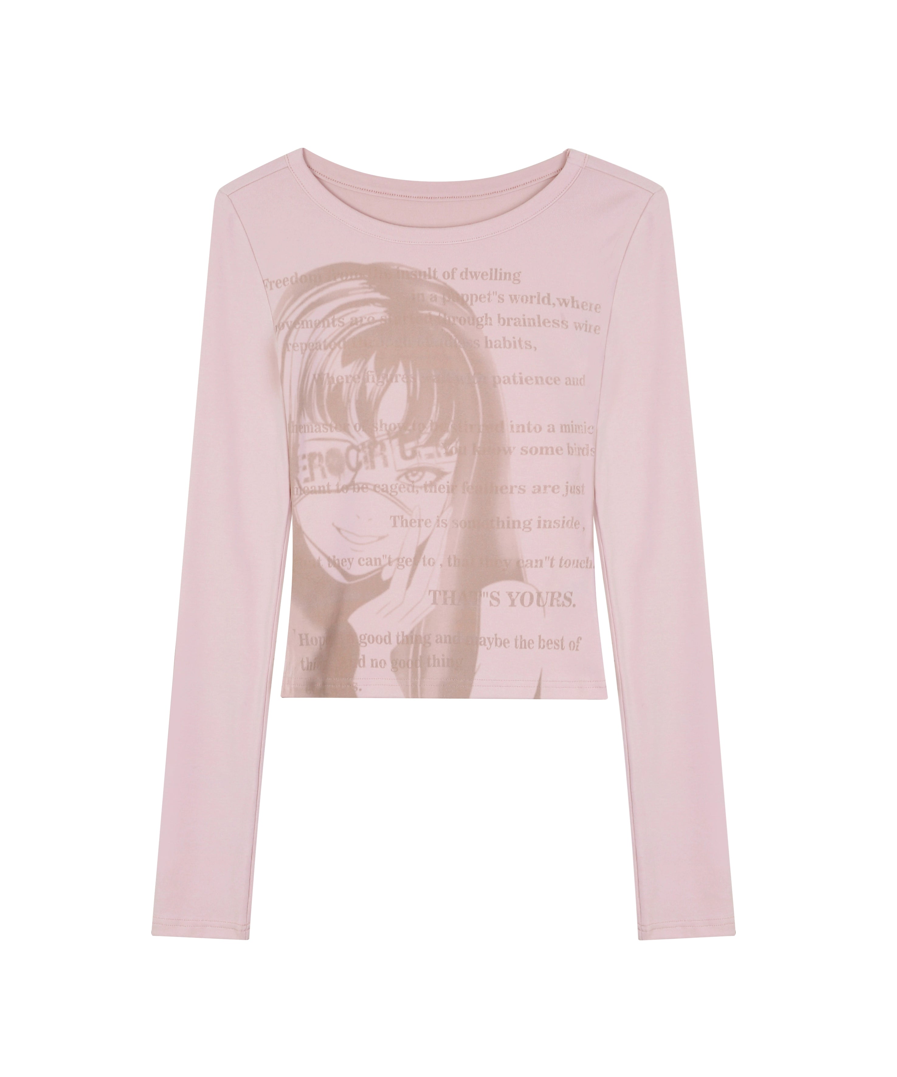 野生zerocircle 灰粉色正肩长袖t恤女秋辣妹修身显瘦印花小众上衣