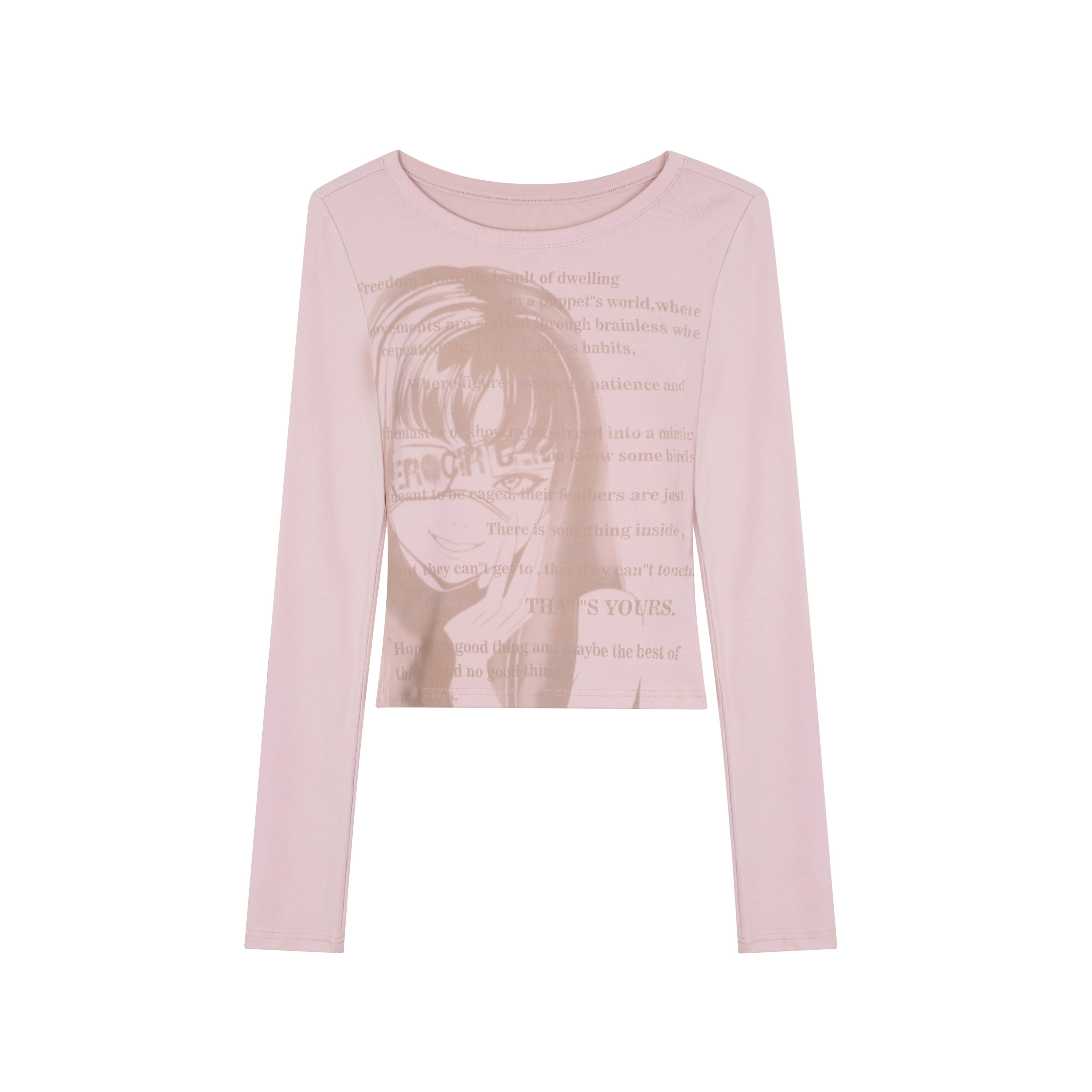 野生zerocircle 灰粉色正肩长袖t恤女秋辣妹修身显瘦印花小众上衣