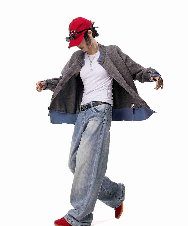 ICH MODE 美式假两件毛针织衫女2025年新款秋冬开衫毛衣长袖外套