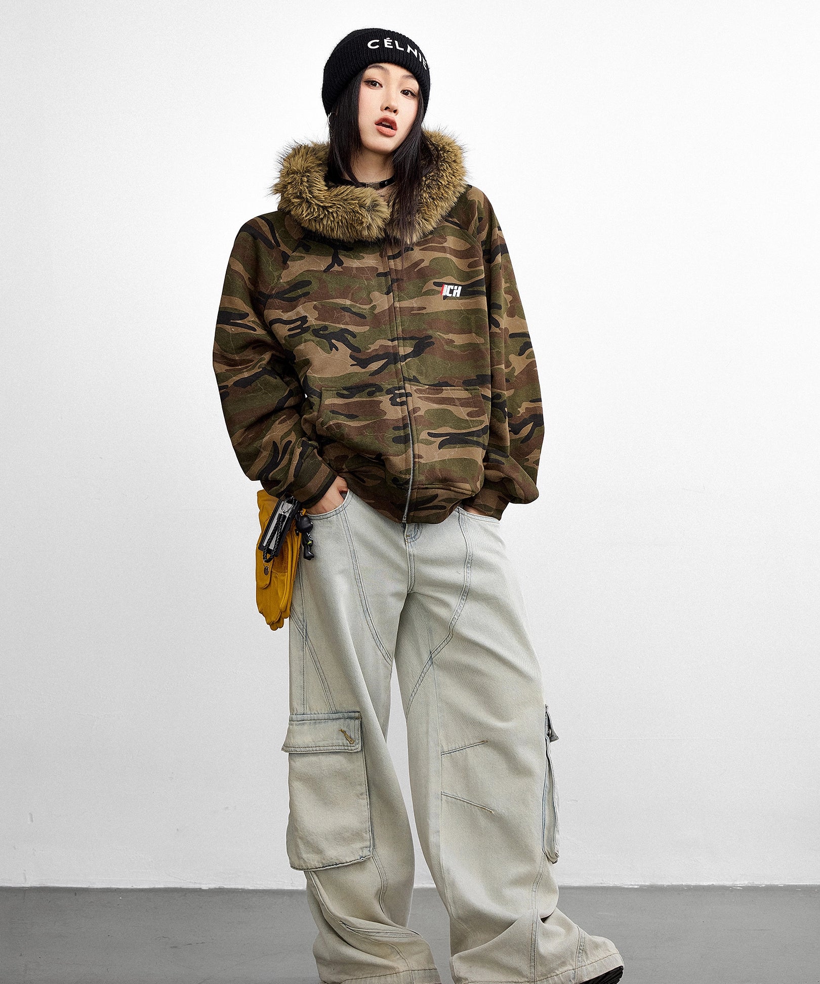 ICH MODE 美式复古毛领迷彩外套女2025秋冬新款连帽卫衣开衫上衣