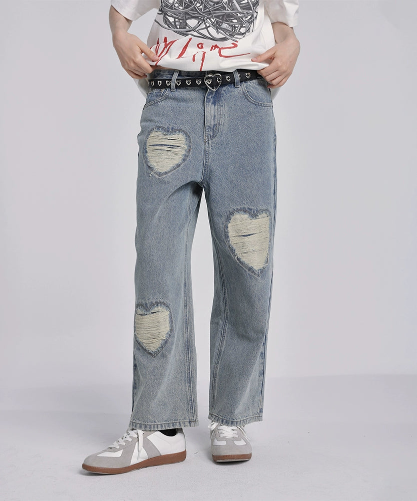 eeeeArtmonster24SS “破损之心” 爱心破洞设计水洗冰蓝色牛仔裤