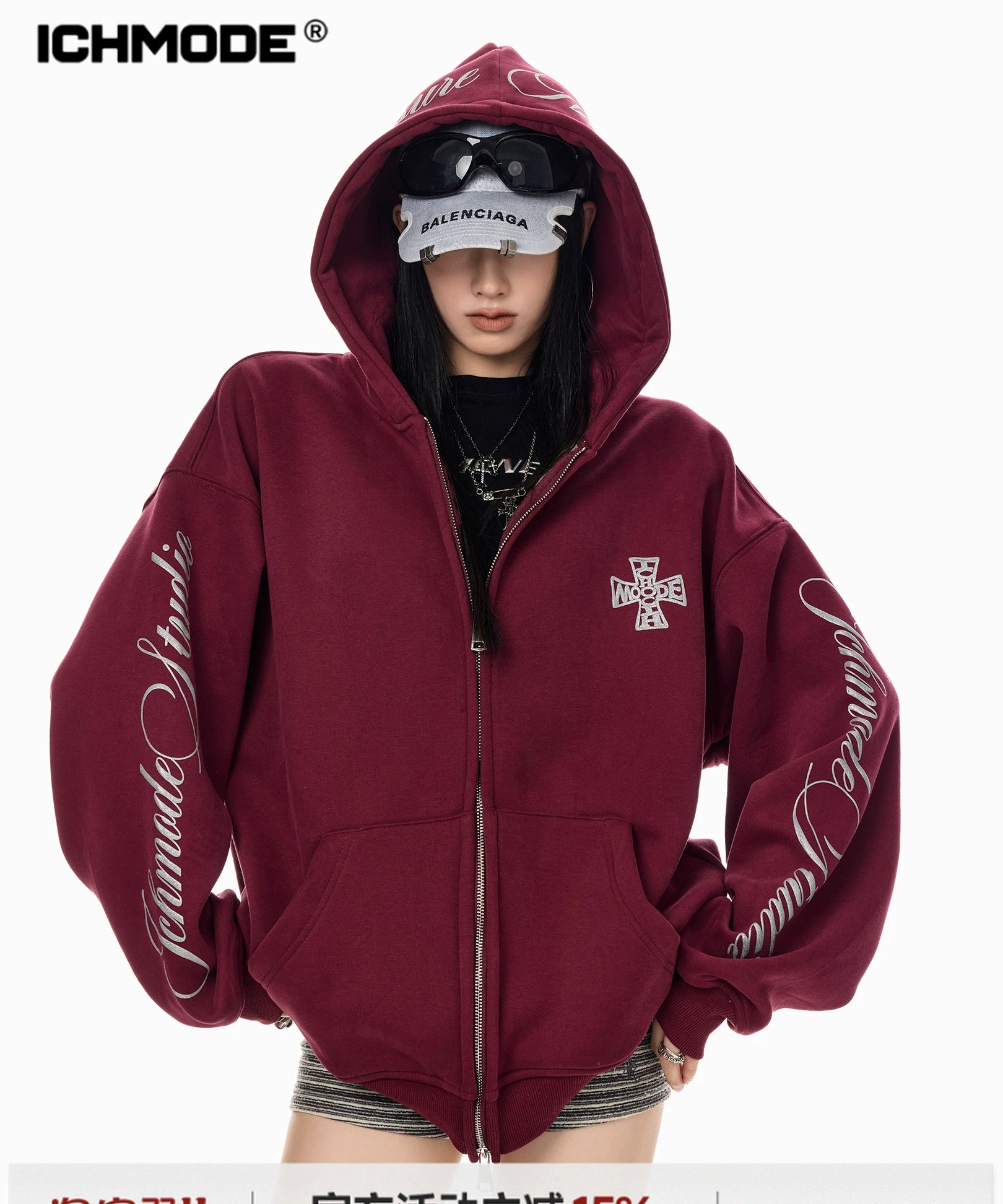 ICH MODE 美式复古哥特加绒连帽卫衣外套女新款秋冬宽松开衫上衣