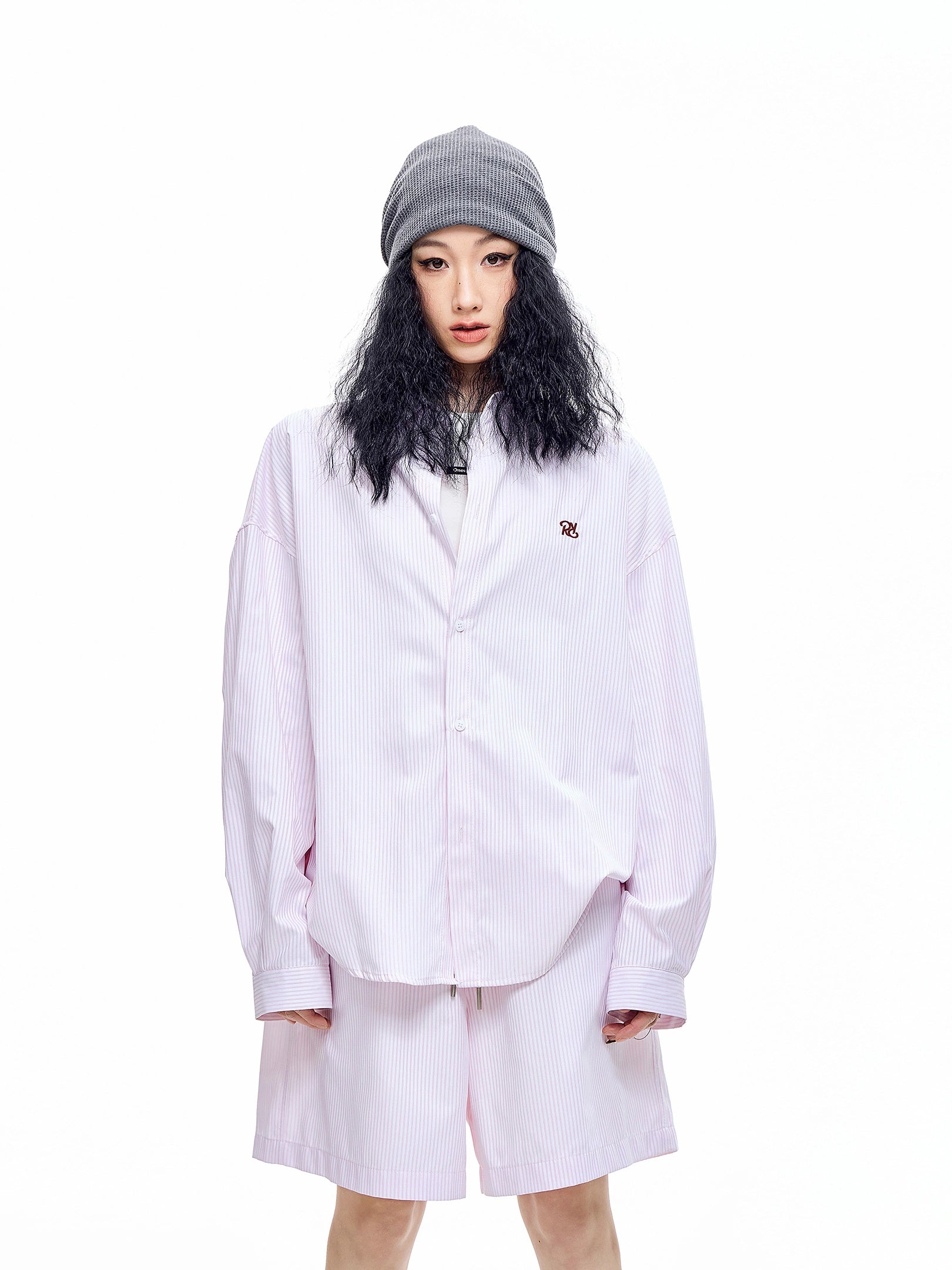 ICH MODE 美式复古条纹蓝色长袖衬衫女秋冬宽松百搭休闲衬衣外套