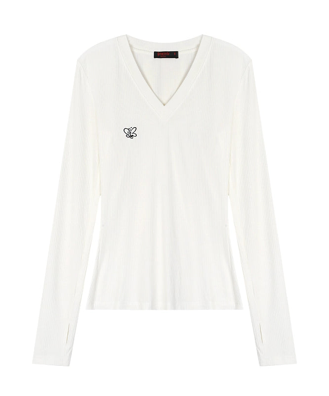 野生zero黑白灰粉色v领长袖t恤女秋季又甜又辣修身内搭打底衫上衣