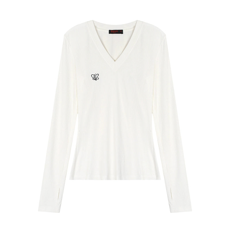 野生zero黑白灰粉色v领长袖t恤女秋季又甜又辣修身内搭打底衫上衣