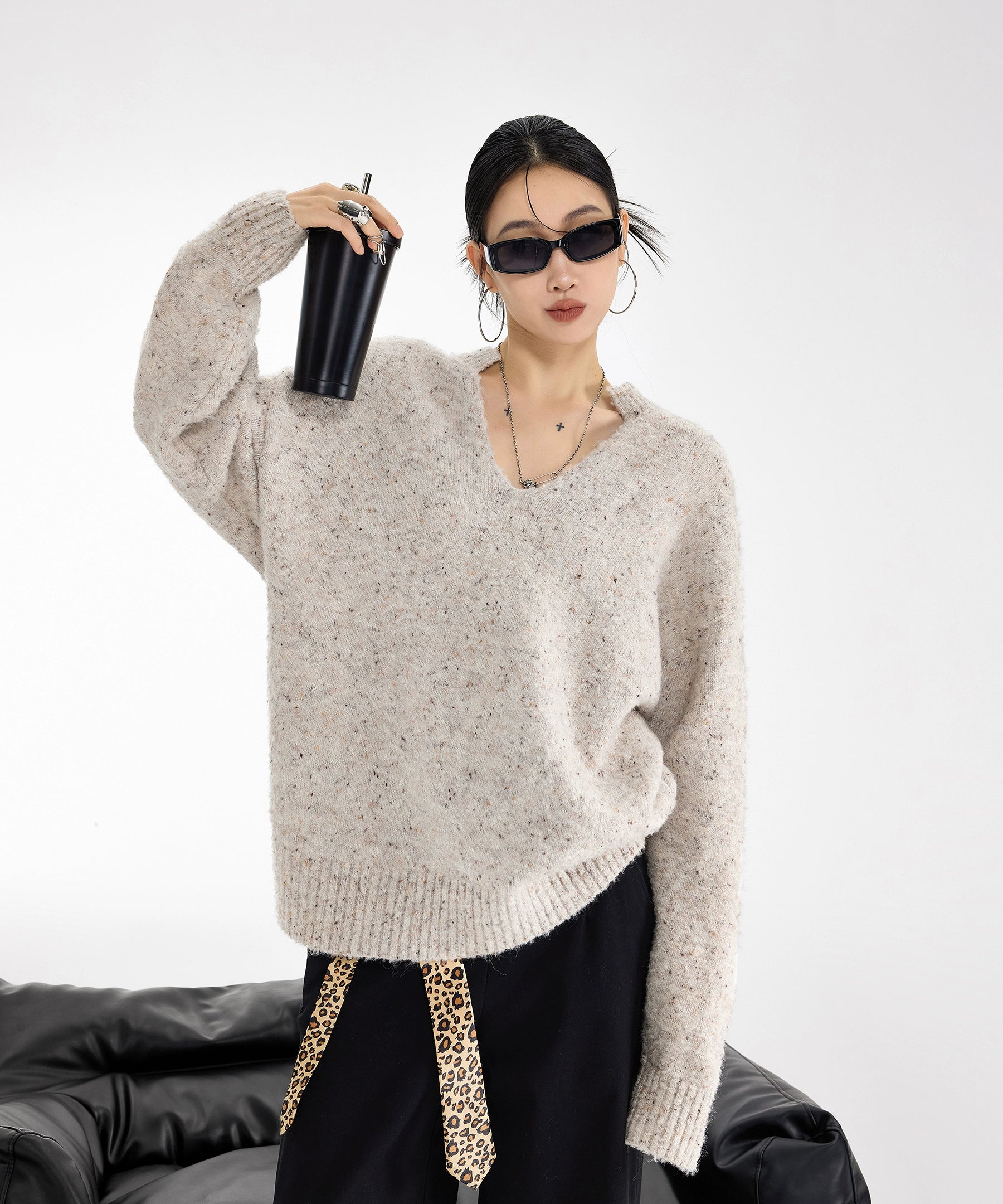 ICH MODE 美式复古V领套头毛衣女秋冬季慵懒宽松针织衫外套高级感