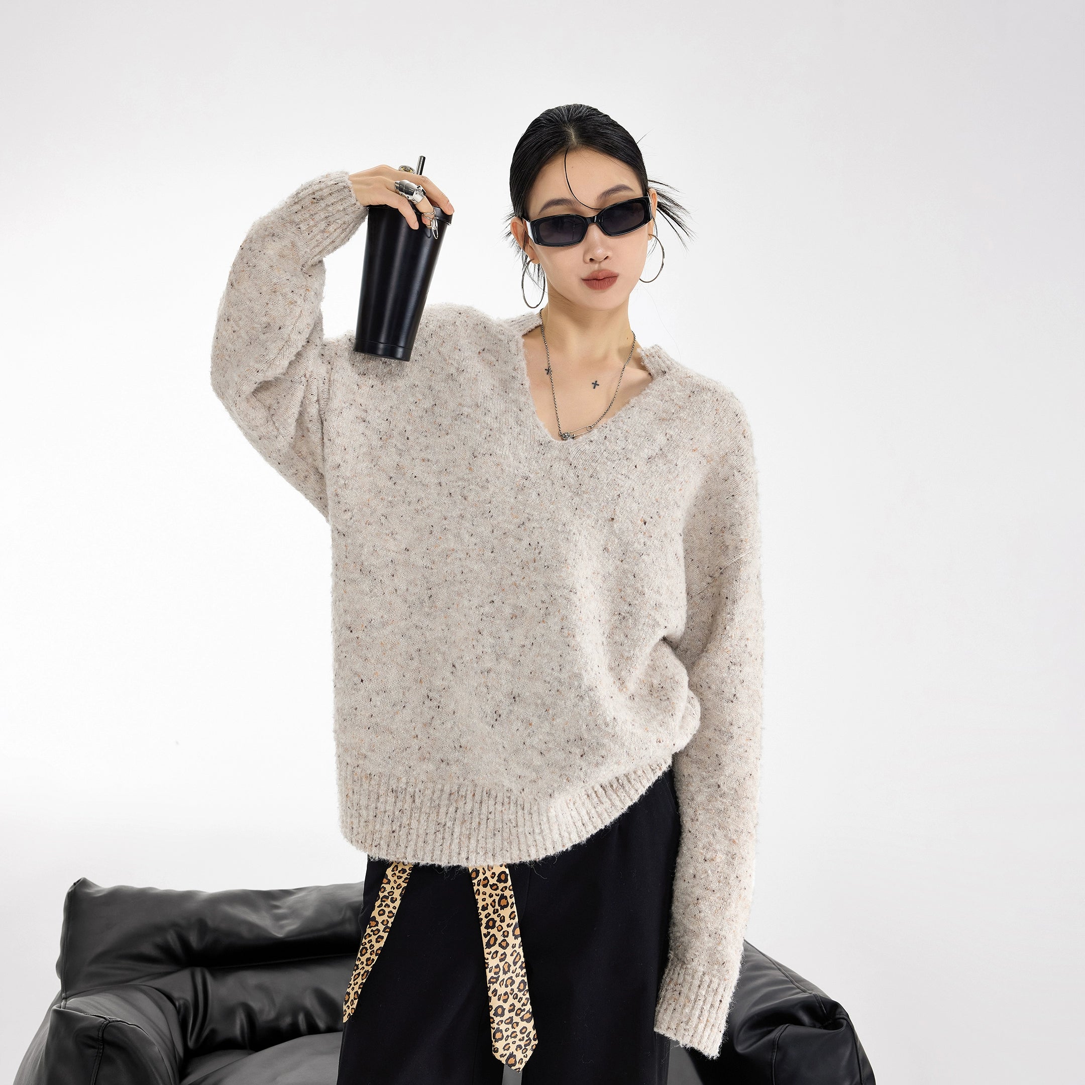 ICH MODE 美式复古V领套头毛衣女秋冬季慵懒宽松针织衫外套高级感