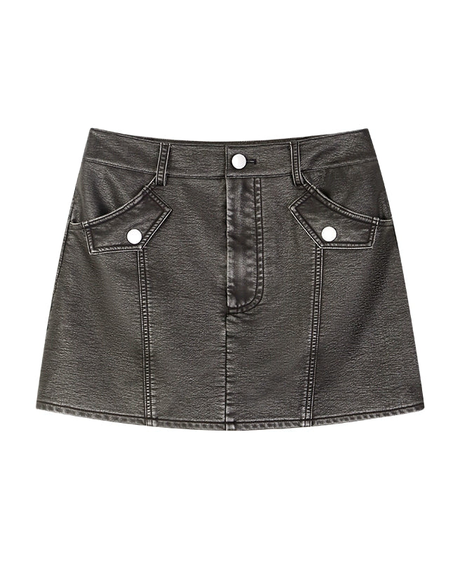 野生zerocircle 黑色立领正肩短款皮衣外套装女春a字显瘦半身裙子