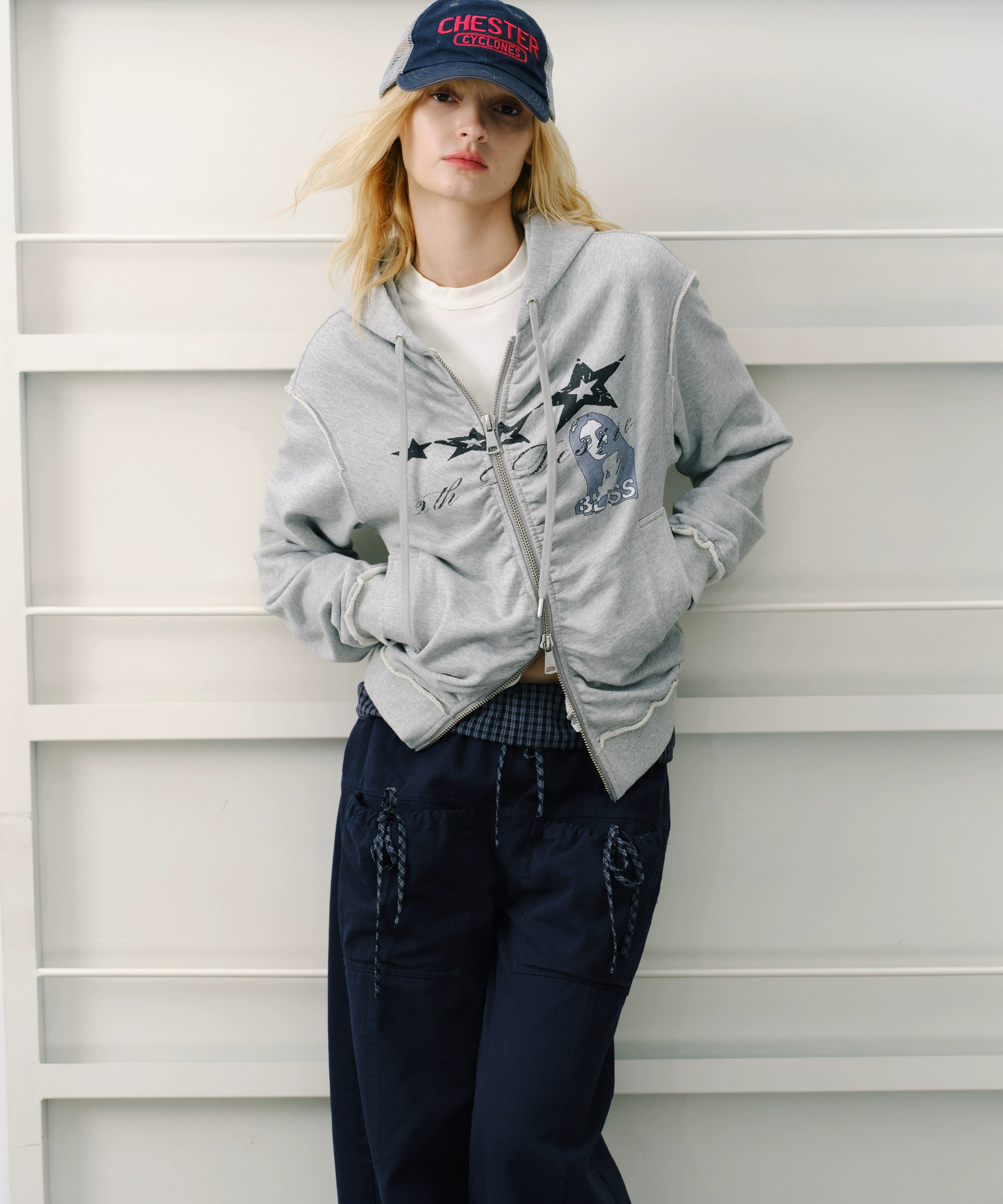 2th Desire美式复古做旧洗褪朋克开衫cleanfit连帽休闲卫衣外套女