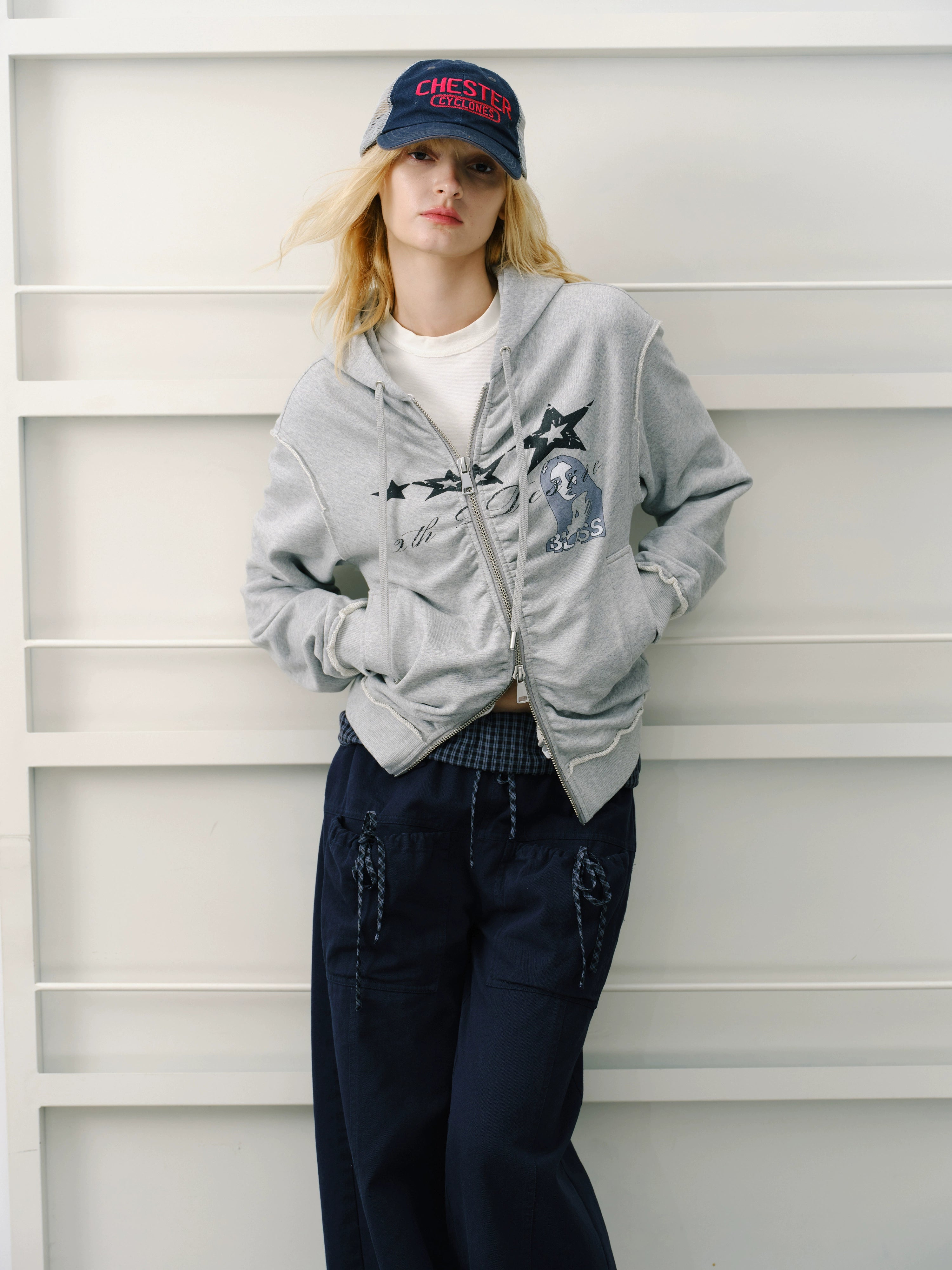 2th Desire美式复古做旧洗褪朋克开衫cleanfit连帽休闲卫衣外套女