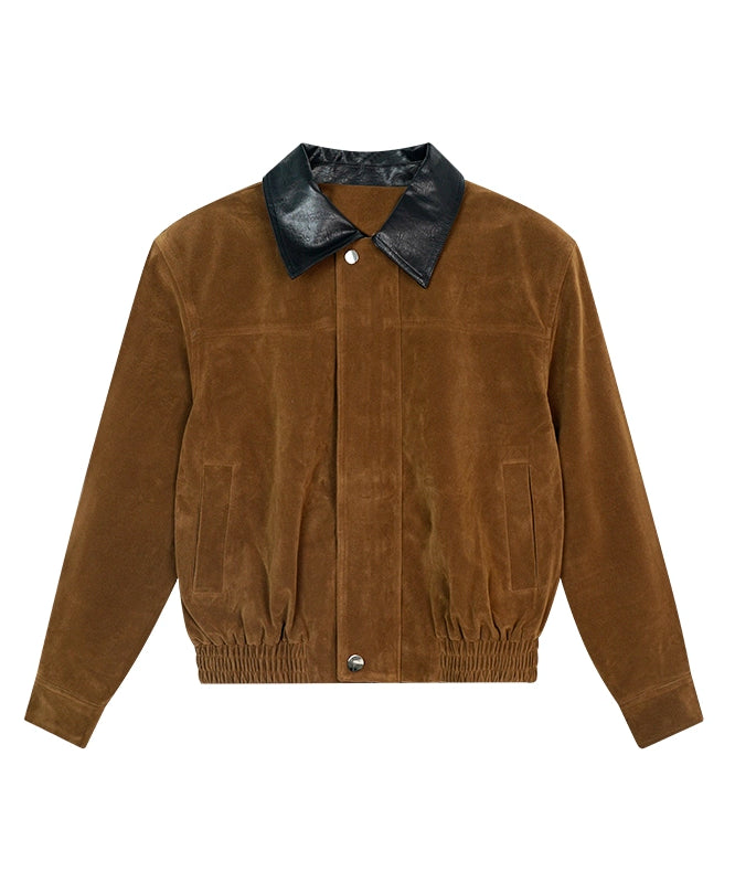 野生zero 拼色复古翻领皮衣女秋季新款美式短款宽松长袖夹克上衣