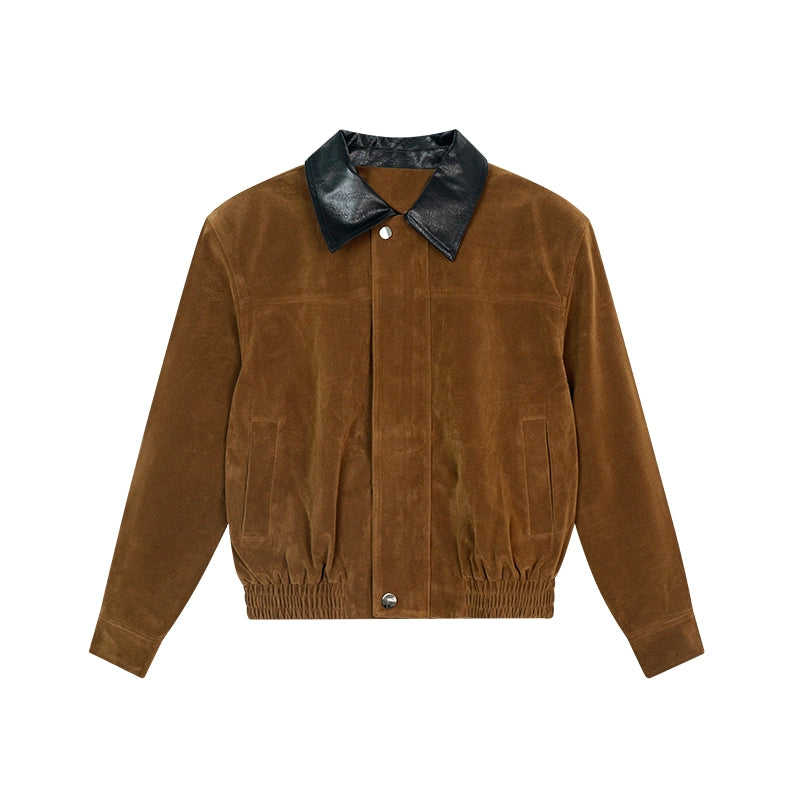 野生zero 拼色复古翻领皮衣女秋季新款美式短款宽松长袖夹克上衣