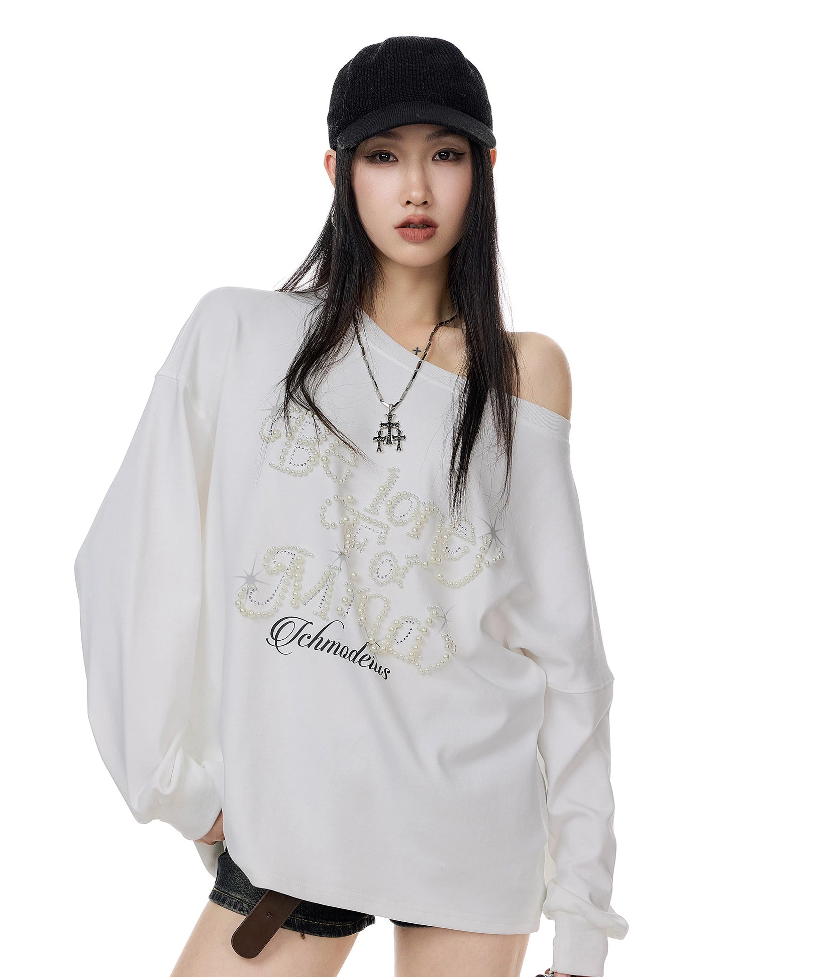 ICH MODE 美式复古珍珠斜肩T恤女2025新款秋冬宽松长袖露肩上衣t