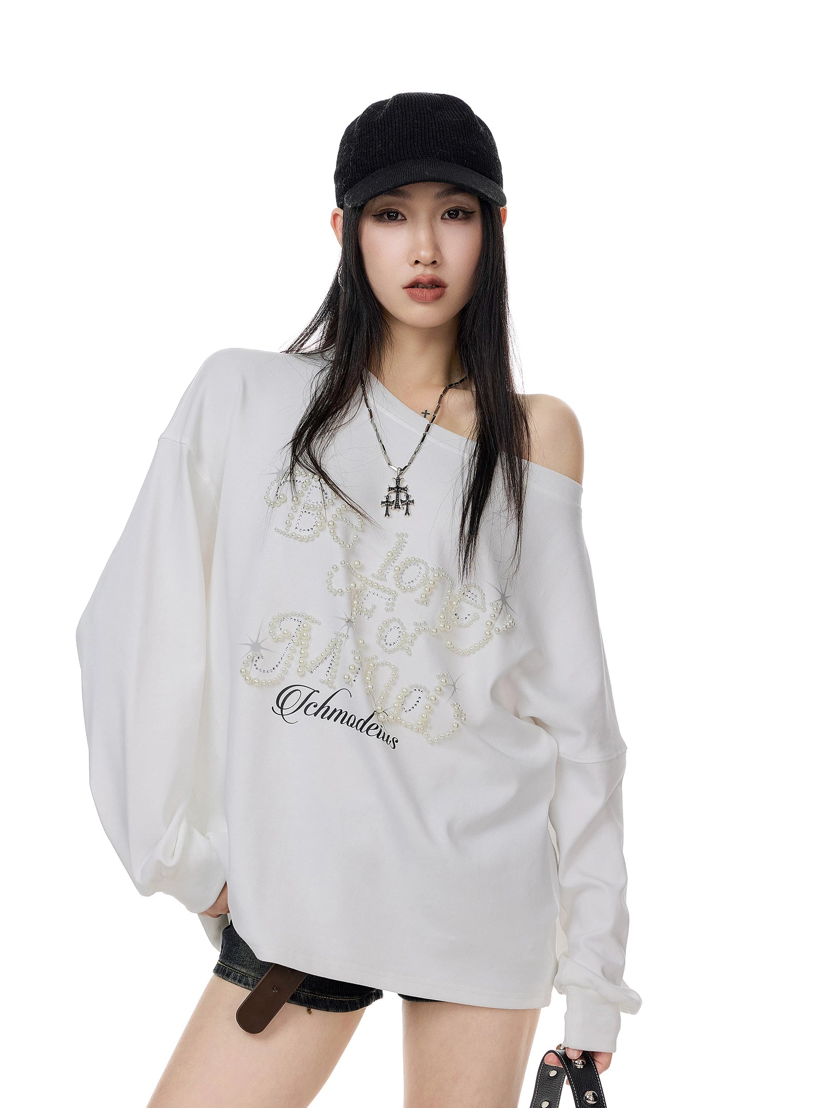 ICH MODE 美式复古珍珠斜肩T恤女2025新款秋冬宽松长袖露肩上衣t