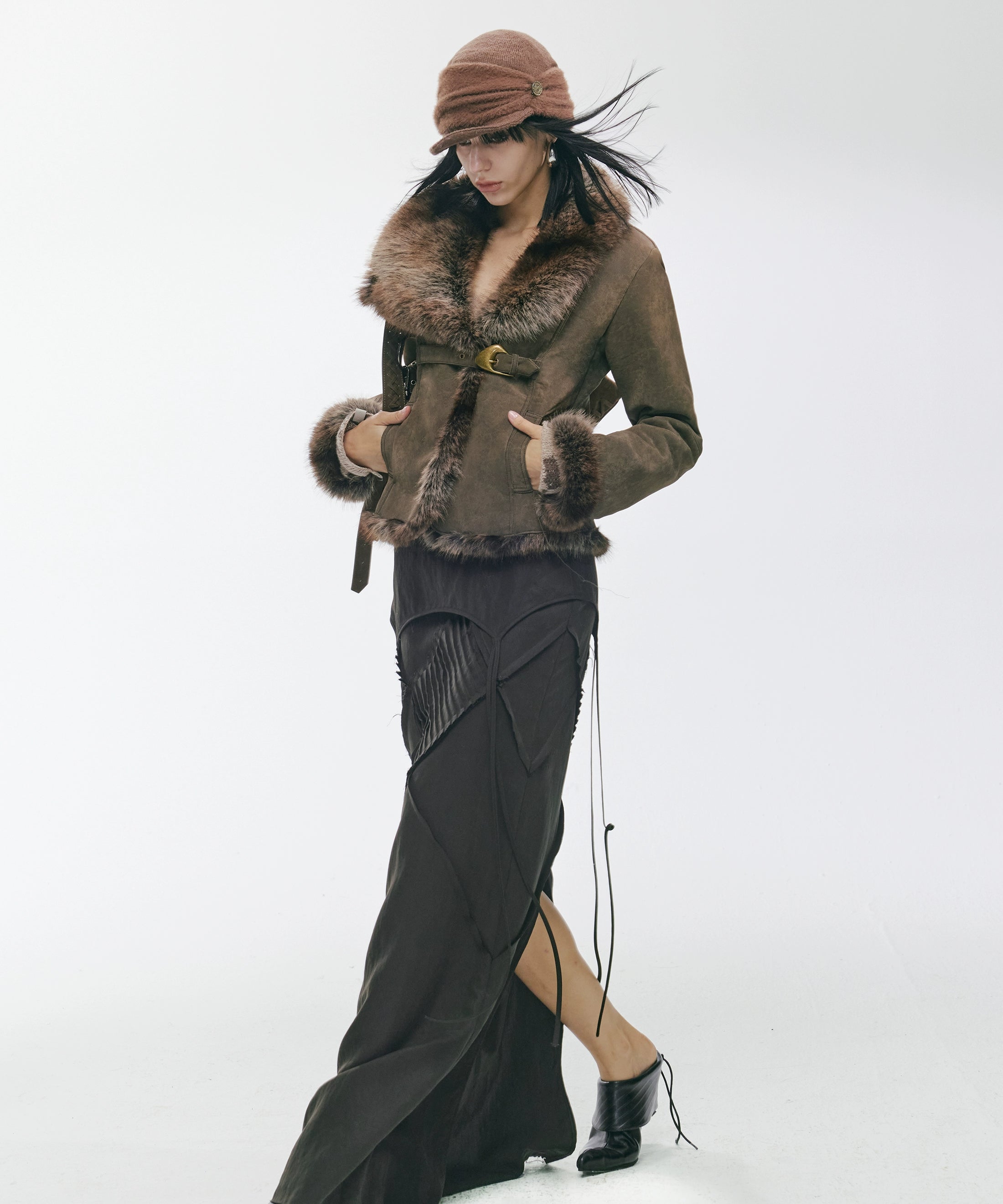 2th Desire复古不规则大翻领做旧金属扣麂皮皮毛一体保暖毛毛外套