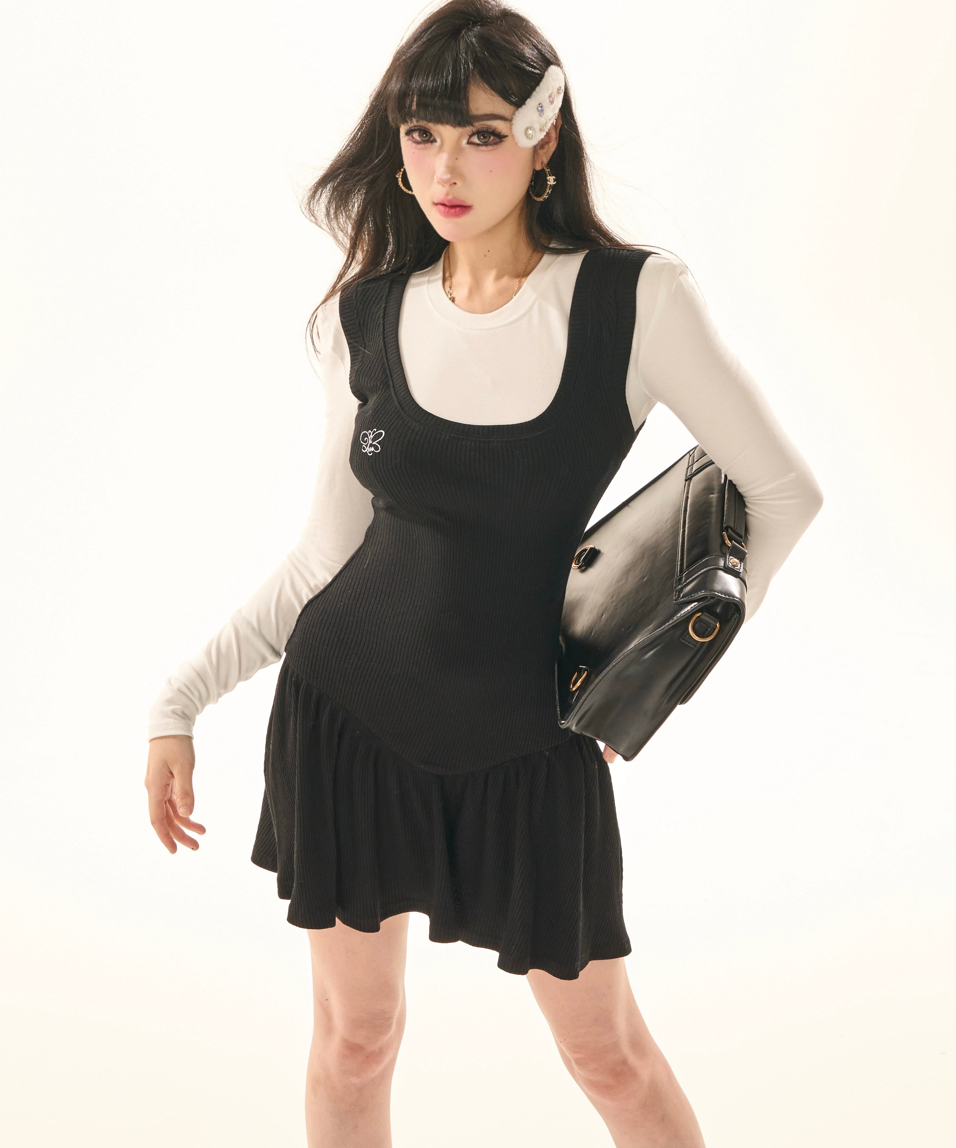 野生zerocircle撞色假两件长袖连衣裙女秋显瘦修身中长款背心裙子