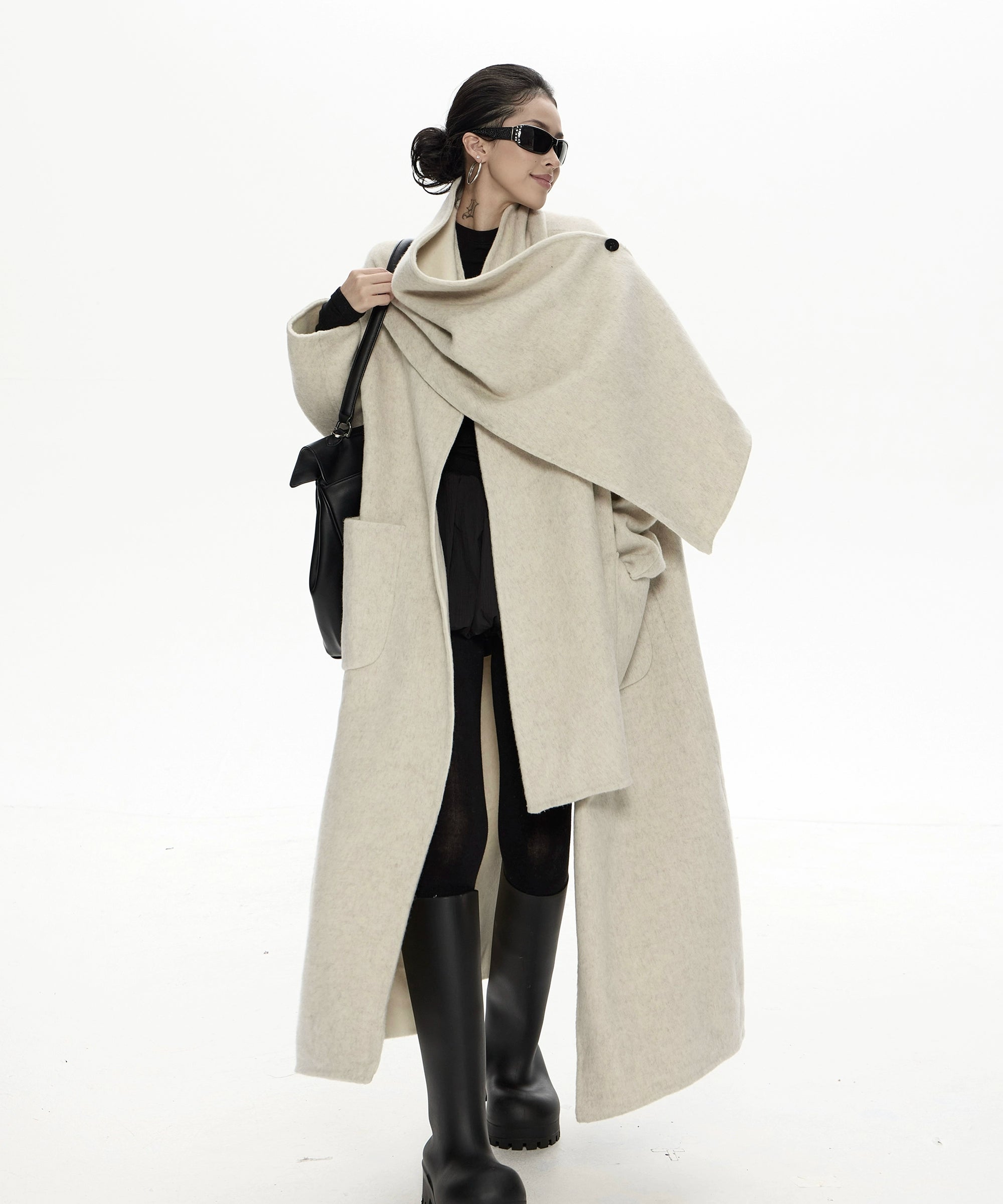 野生zero撞色长款廓形毛呢外套女秋冬新款设计感小众宽松加厚大衣