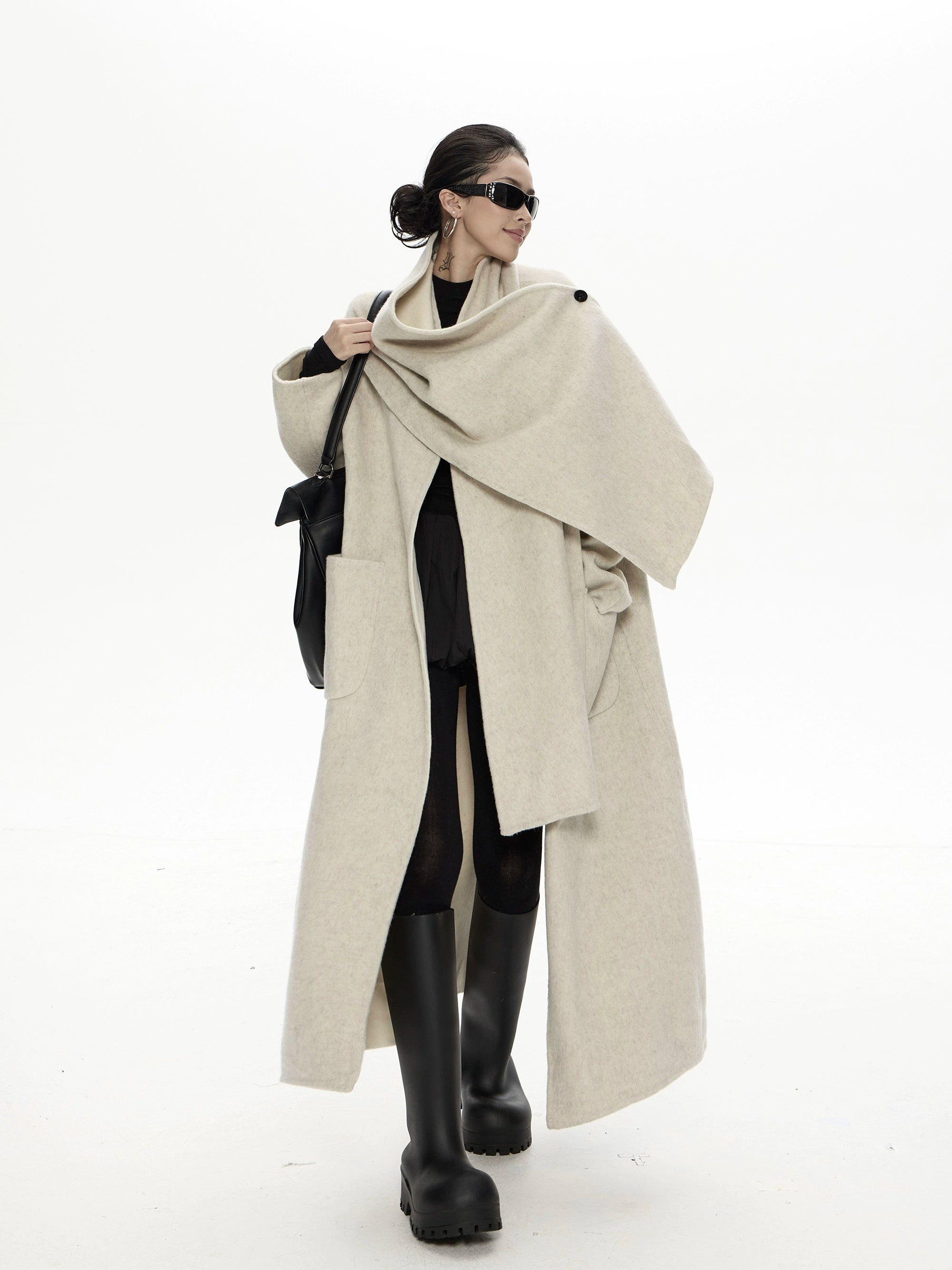 野生zero撞色长款廓形毛呢外套女秋冬新款设计感小众宽松加厚大衣