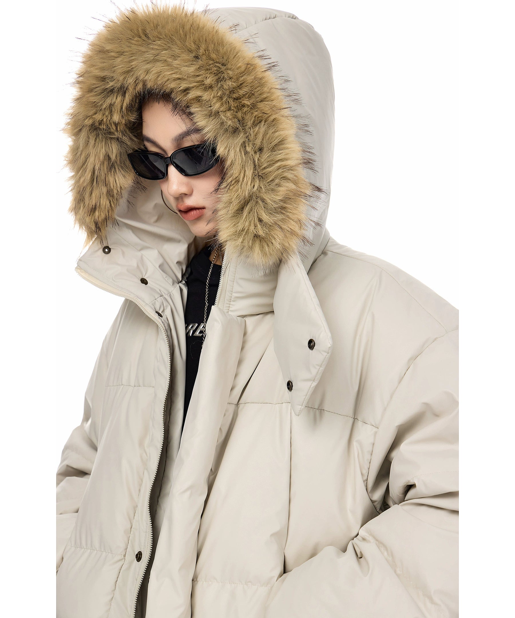 ICH MODE 90白鸭绒美式复古毛领连帽羽绒服女秋冬季保暖防寒外套