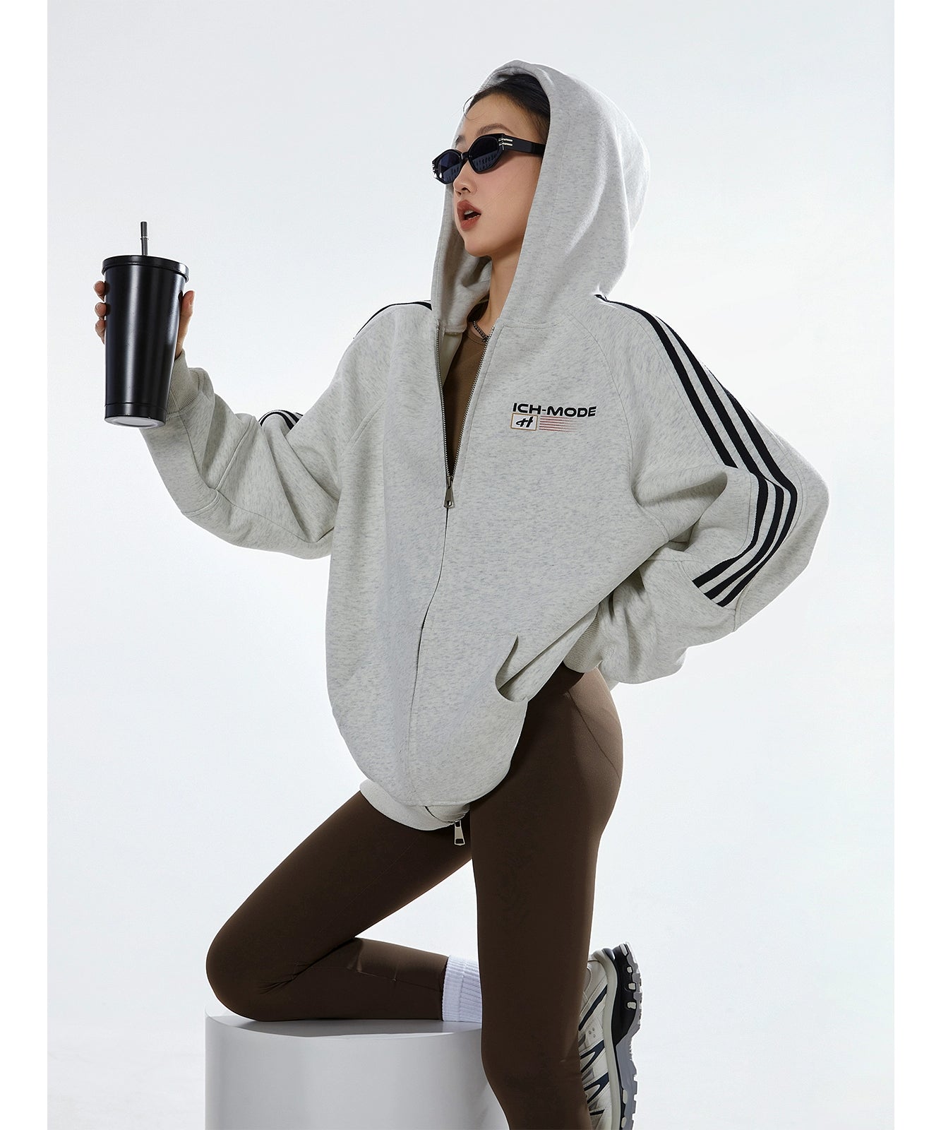 ICH MODE 400G质感条纹运动休闲美式卫衣开衫简约街头潮牌外套女