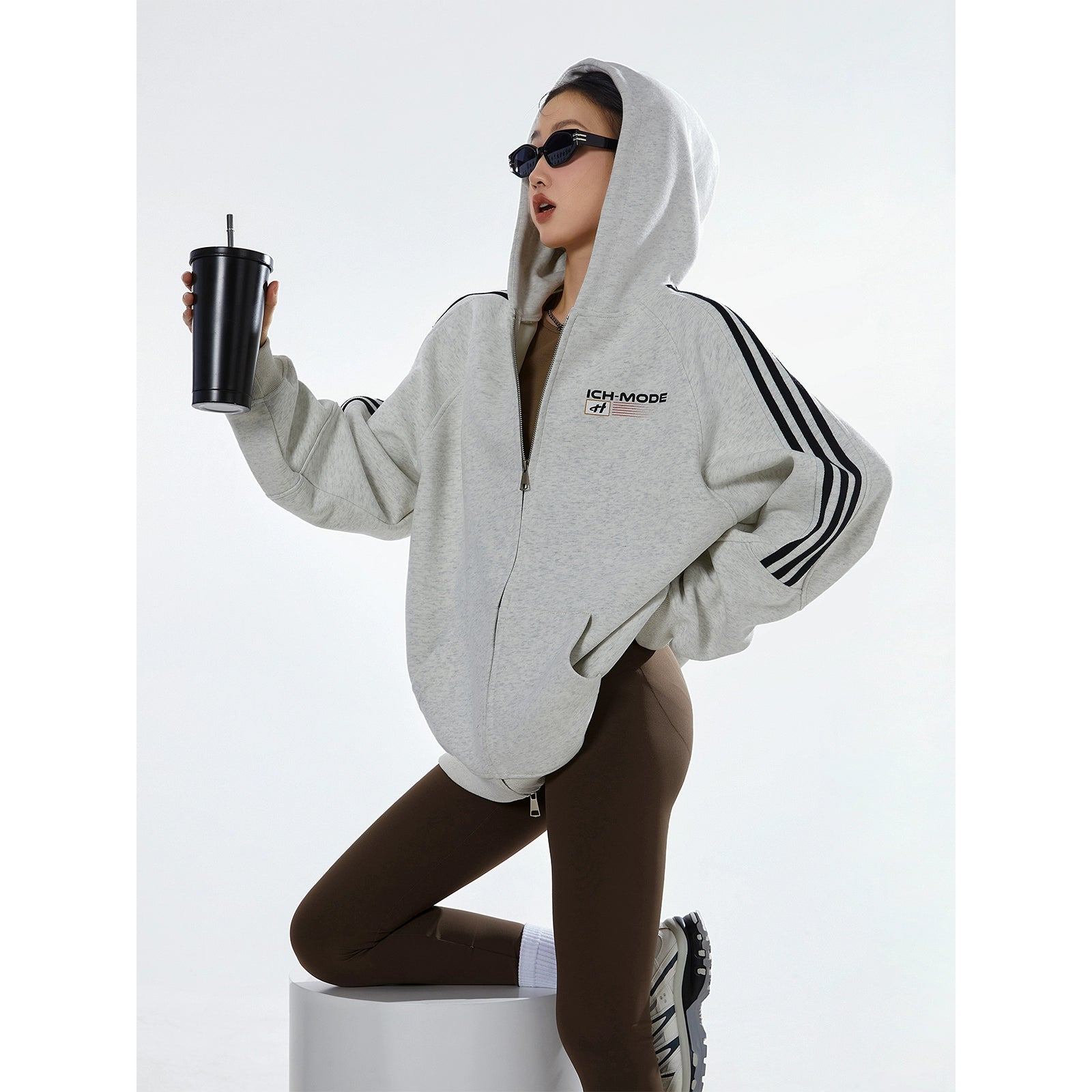 ICH MODE 400G质感条纹运动休闲美式卫衣开衫简约街头潮牌外套女