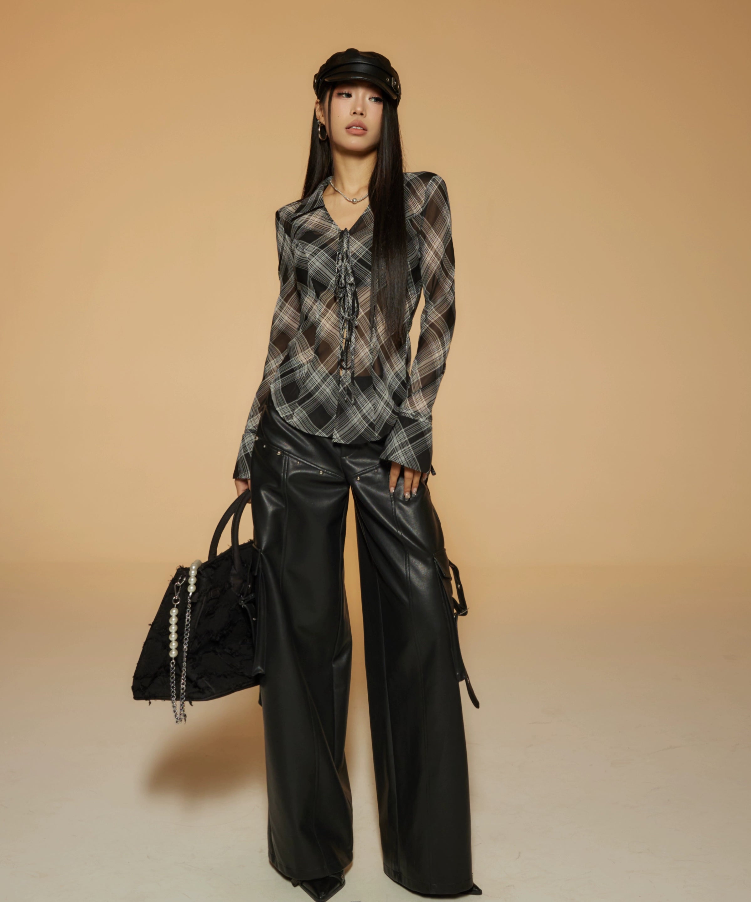 野生zerocircle 格子v领长袖衬衫女春修身显瘦绑带喇叭袖薄款上衣