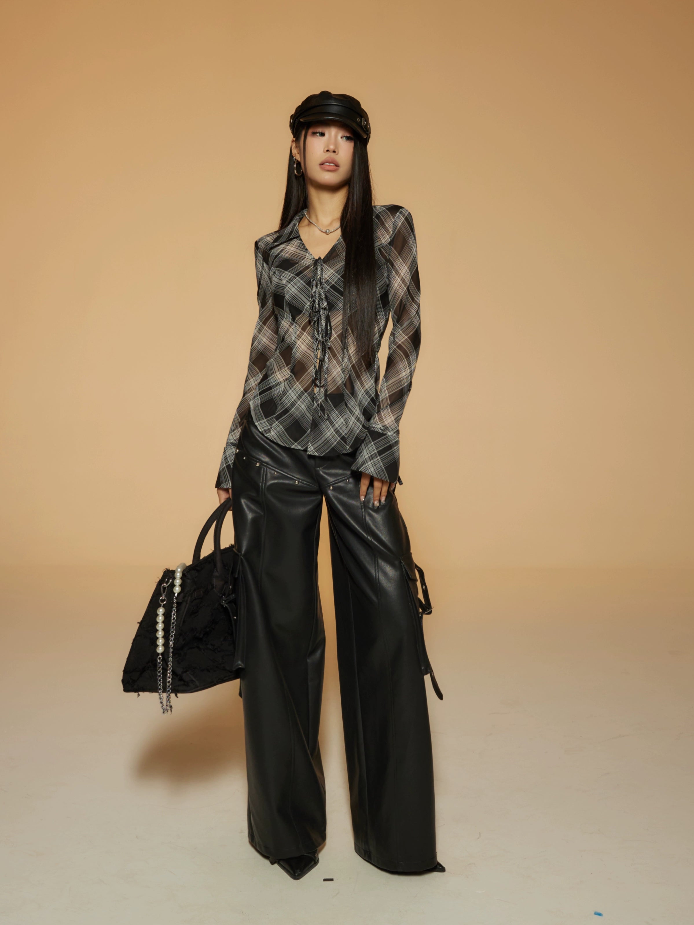 野生zerocircle 格子v领长袖衬衫女春修身显瘦绑带喇叭袖薄款上衣