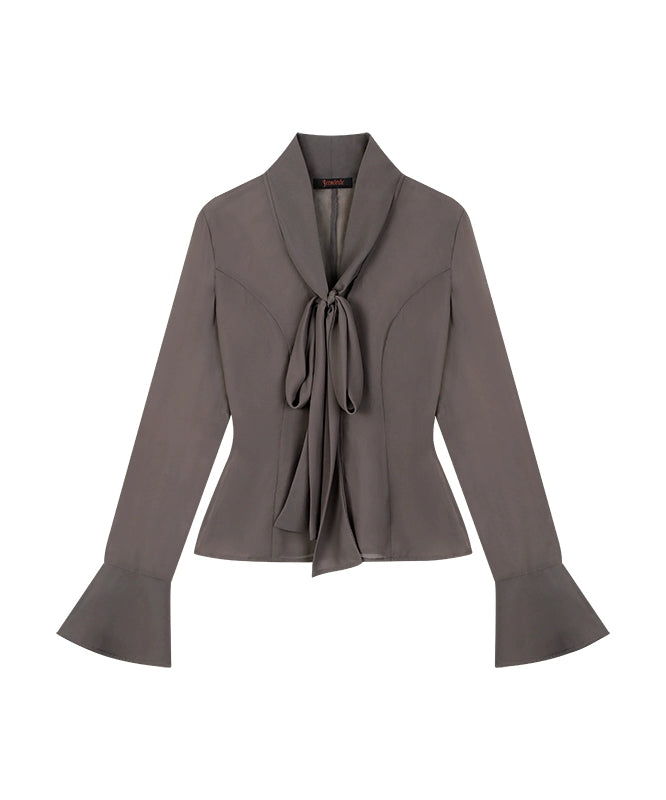 野生zerocircle 黑色薄款雪纺衬衫女春秋季辣妹修身喇叭袖v领上衣