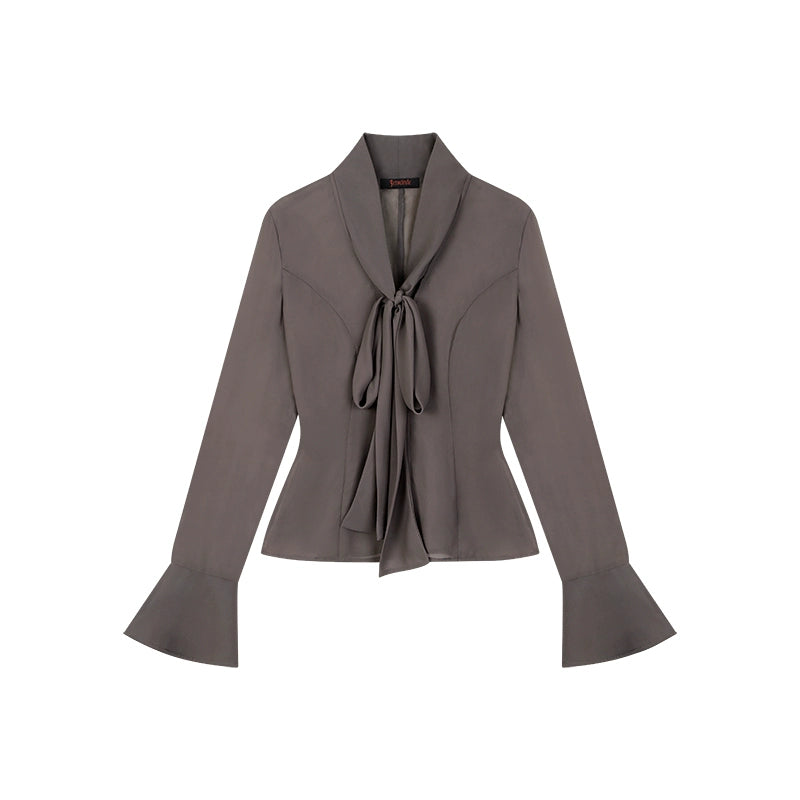 野生zerocircle 黑色薄款雪纺衬衫女春秋季辣妹修身喇叭袖v领上衣