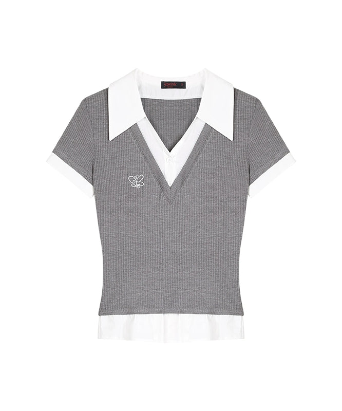 野生zerocircle黑灰色正肩短袖t恤女春辣妹修身v领针织假两件上衣