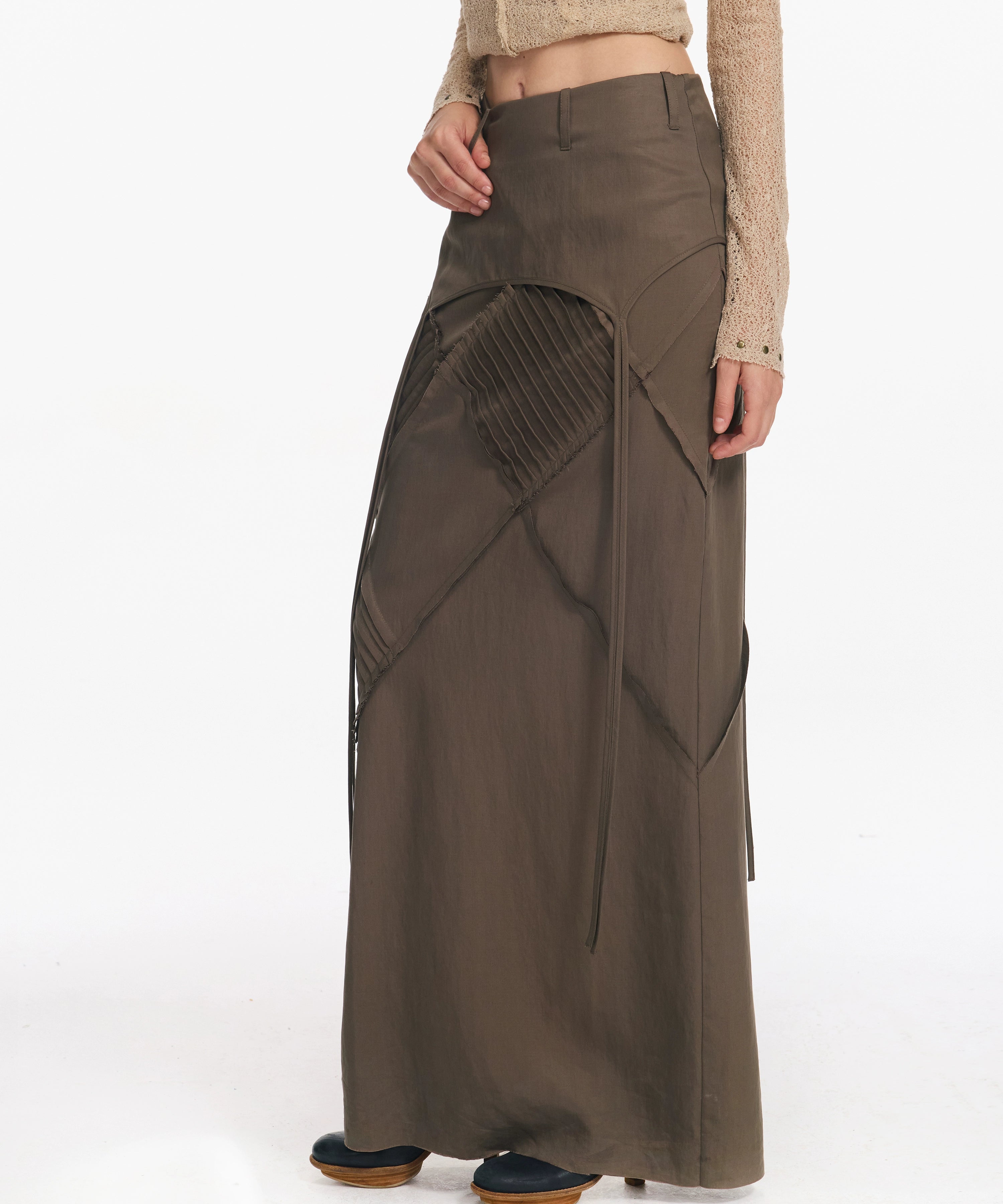 2th Desire 复古菱形格打条绑带长款直筒显瘦设计感低腰半身裙女